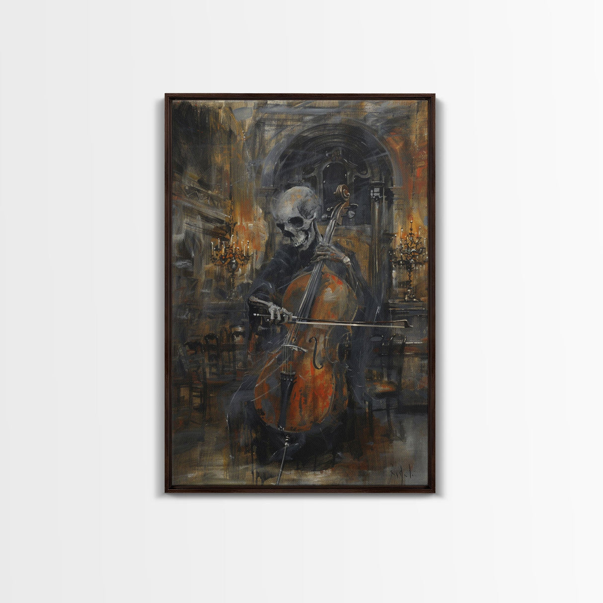 Skeleton Cellist in Gothic Cathedral | Halloween Wall Art | Spooky Home Decor | Creepy Skeleton Musician Painting | Framed Canvas Print