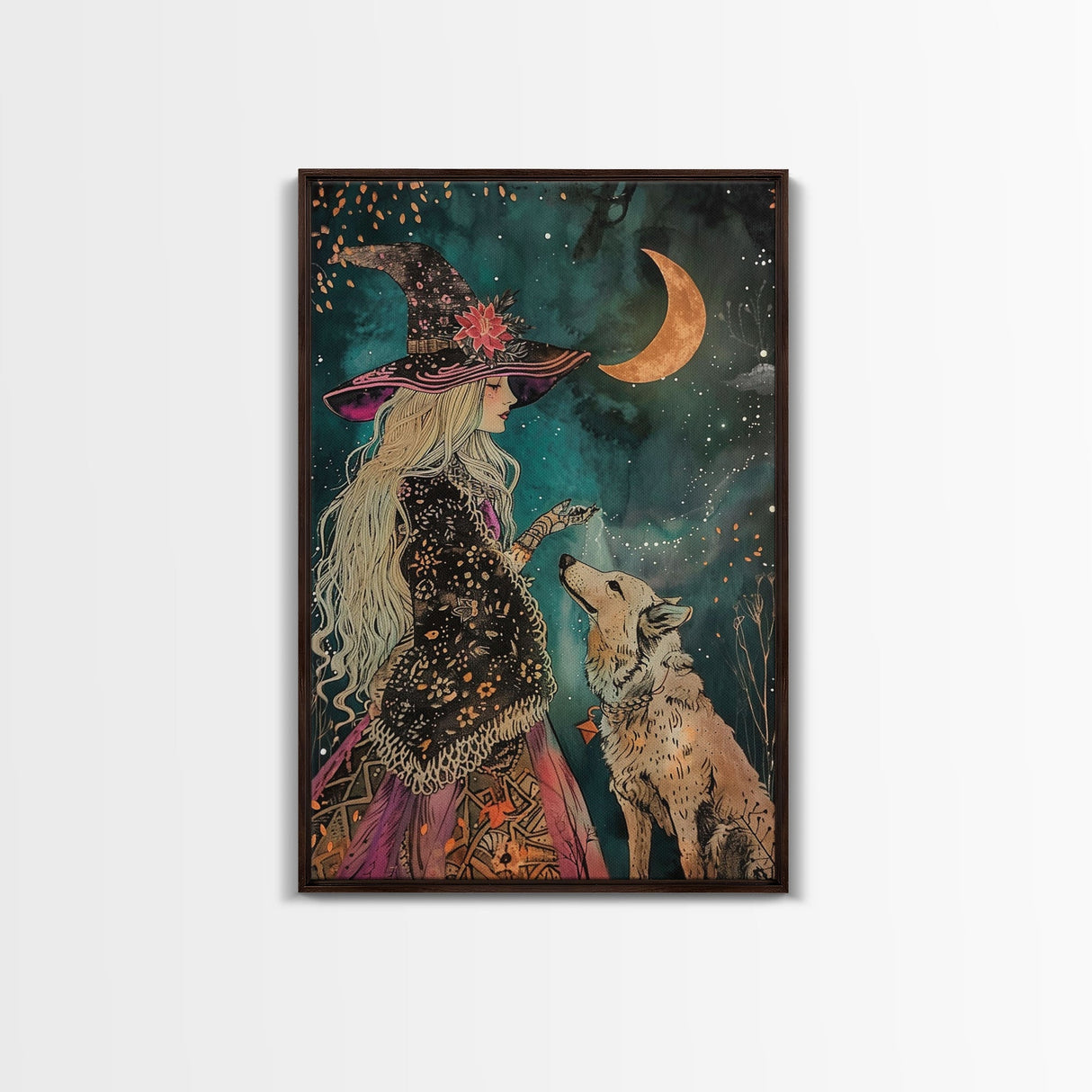 Mystical Witch and Wolf Under Crescent Moon - Halloween Wall Art - Spooky Home Decor - Perfect Halloween Gift - Witch and Wolf Painting