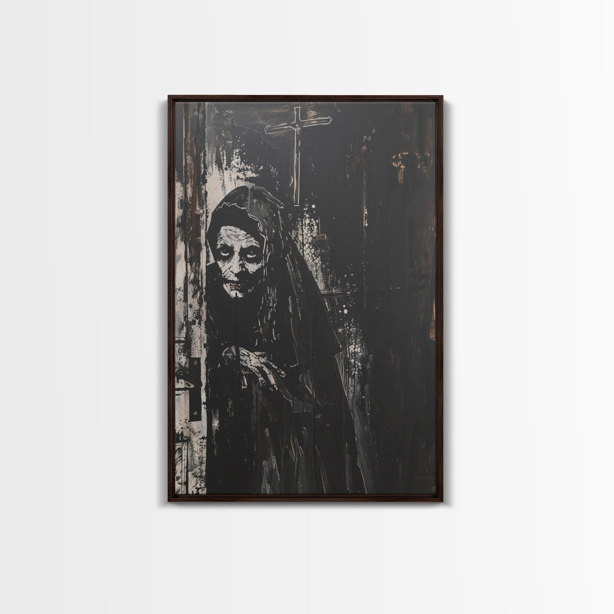 Haunted Nun with Eerie Expression, Framed Canvas Print, Gothic Halloween Art, Spooky Religious Decor, Scary Nun Painting, Gothic Home Art