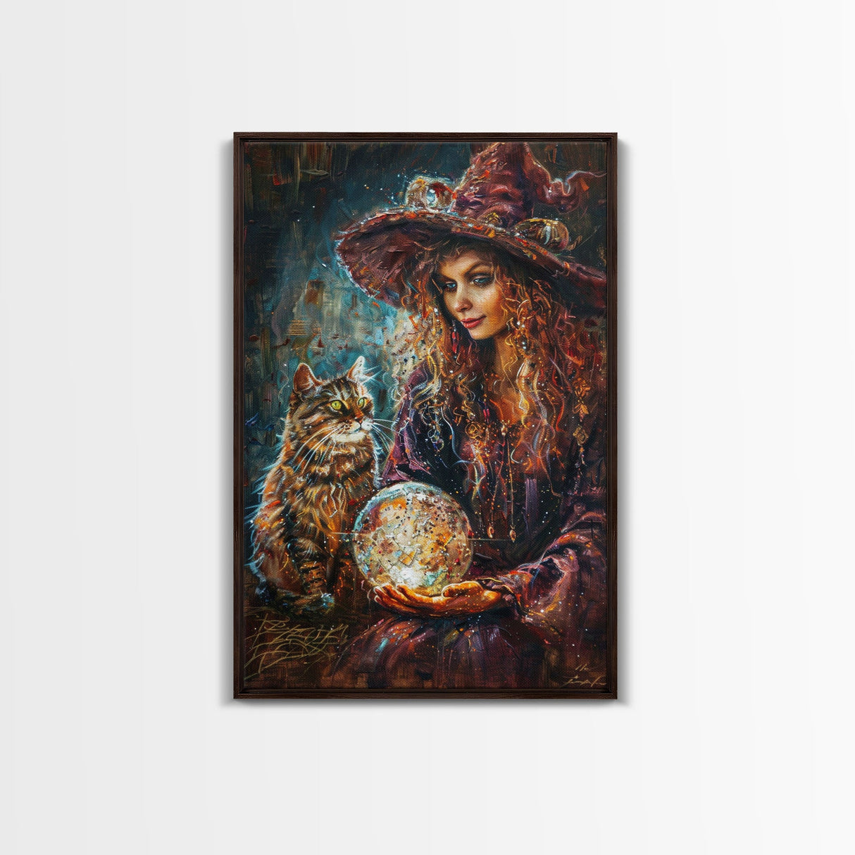 Enchanting Witch with Crystal Ball, Framed Canvas Print, Mystical Halloween Art, Spooky Witch Decor, Witchcraft Illustration, Magical Decor