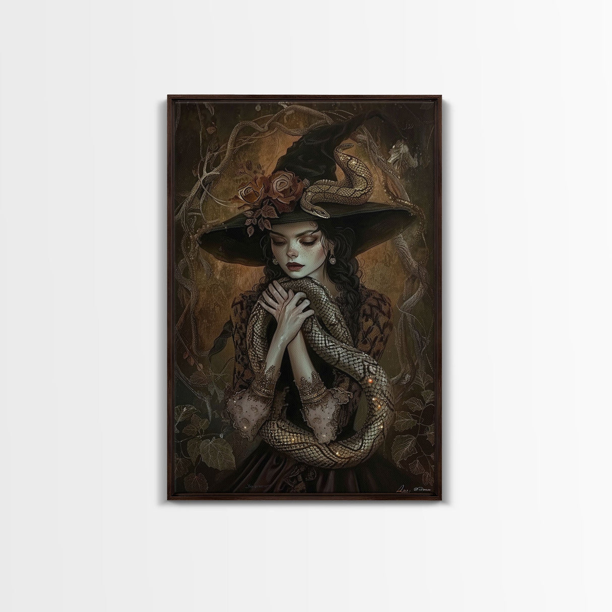 Mysterious Witch Holding Snake, Framed Canvas Print, Gothic Witch Art, Dark Fantasy Decor, Witch and Serpent, Halloween Accessories