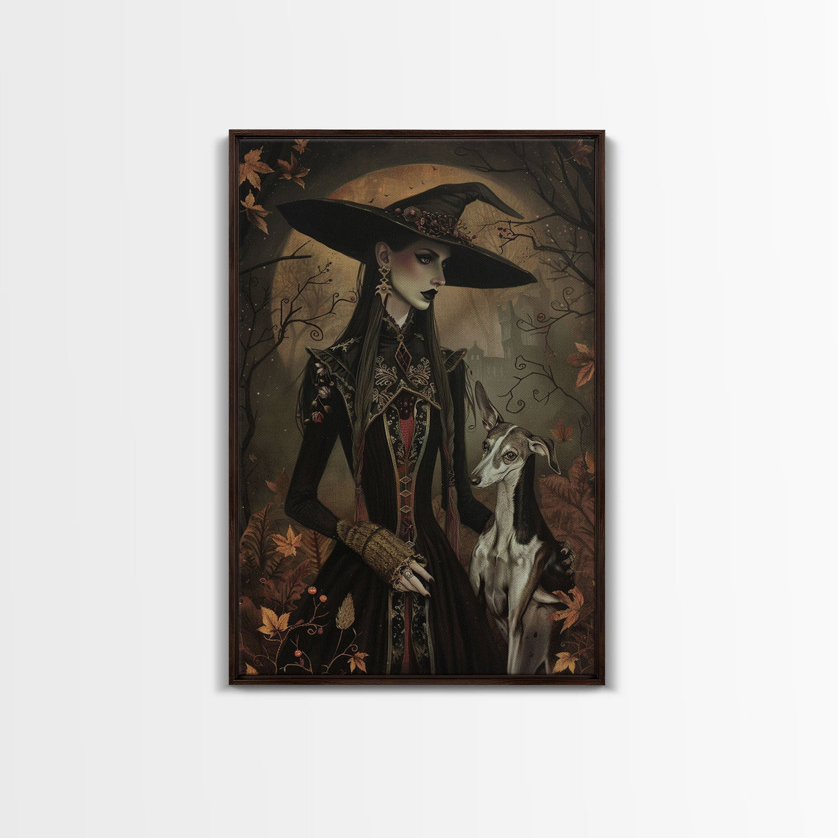 Gothic Witch with Elegant Dog, Framed Canvas Print, Dark Witch Art, Victorian Witch, Halloween Witch Decor, Gothic Home Decor