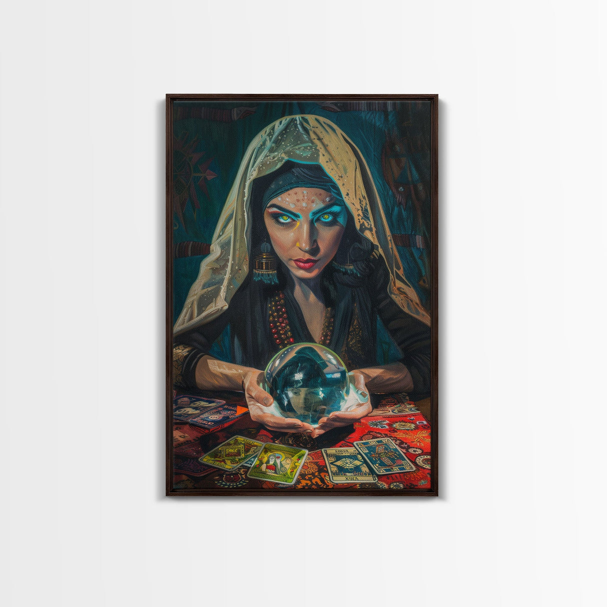 Enchanting Fortune Teller with Crystal Ball Under Moonlight - Mystical Witchcraft Framed Canvas Print, Halloween Gothic Home Decor