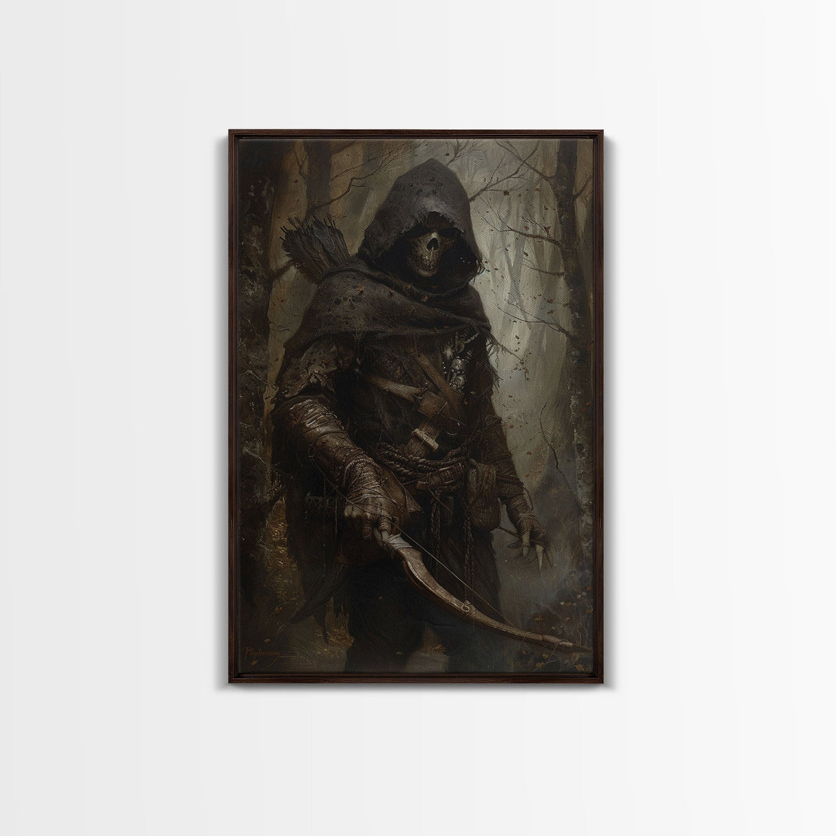 Grim Reaper Archer in Dark Enchanted Forest - Eerie Gothic Wall Art Framed Canvas Print, Unique Spooky Halloween Haunted Homes
