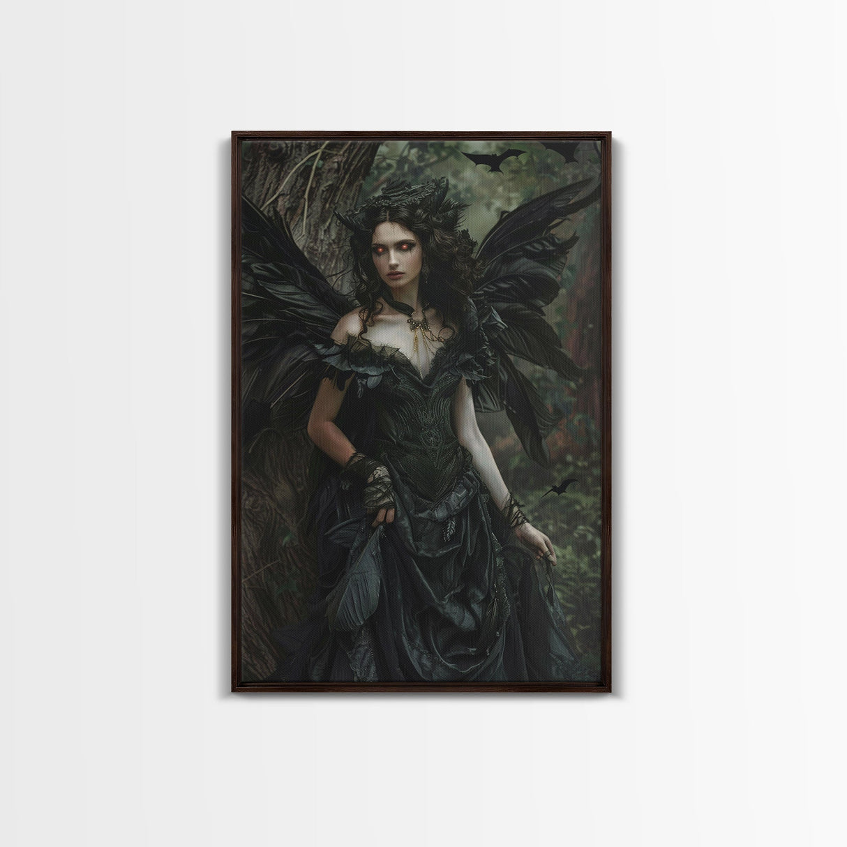 Dark Angel with Glowing Eyes in Haunted Forest - Mysterious Gothic Framed Canvas Print, Halloween Wall Art Decor