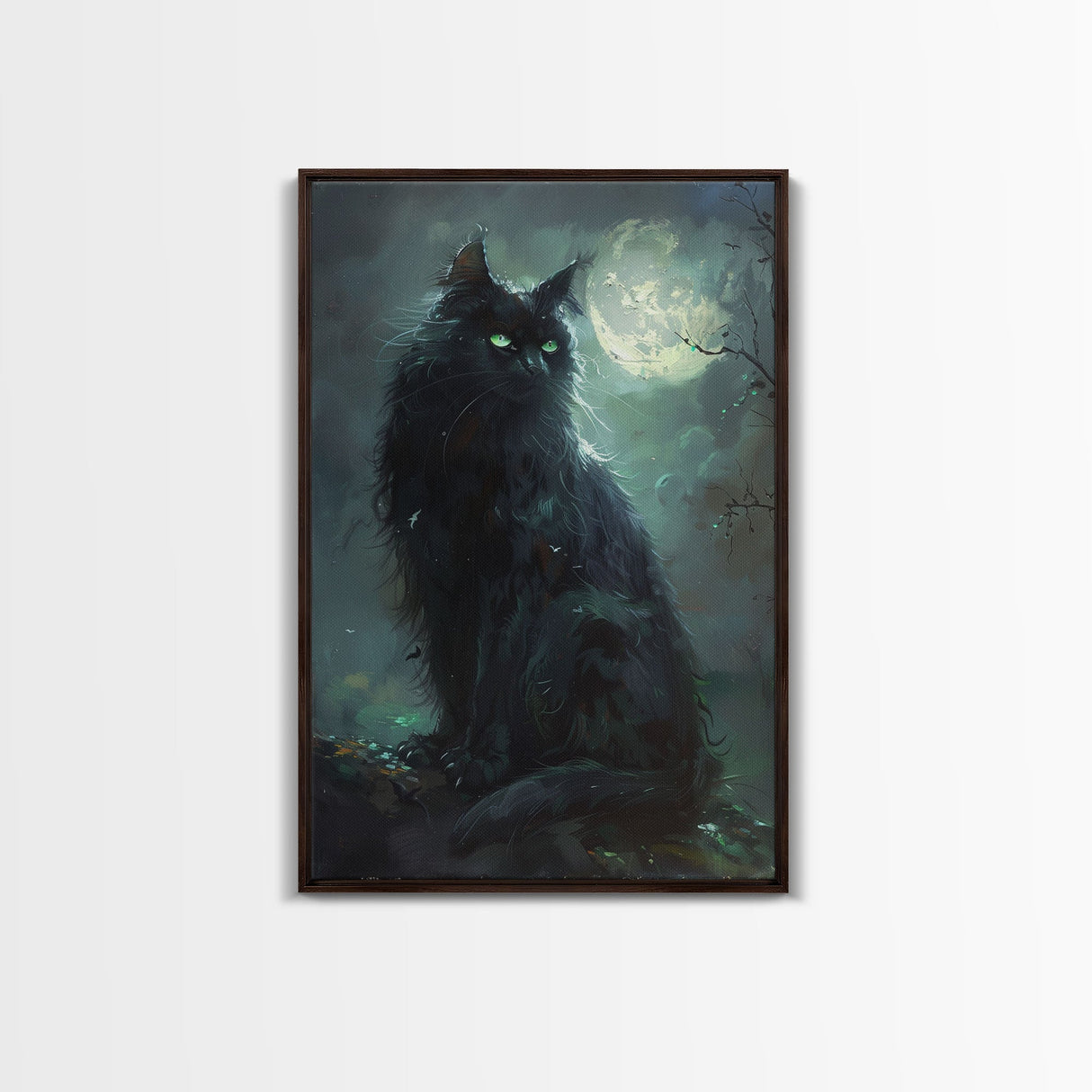 Sinister Black Cat with Green Eyes Under Moonlight - Spooky Halloween Artwork Framed Canvas Print, Gothic Home Wall Decor