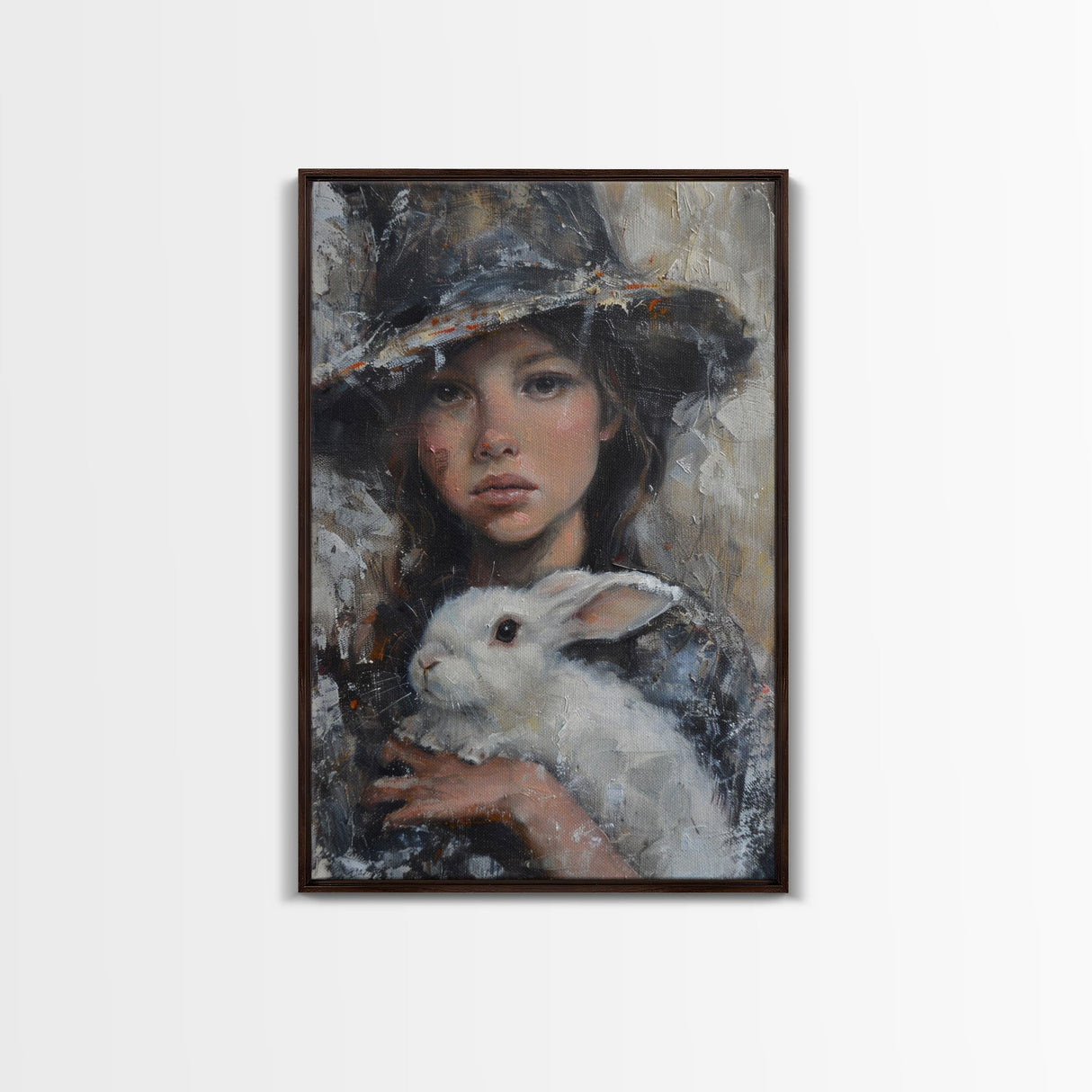 Enchanting Witch with White Rabbit in Serene Autumn Setting - Mystical Forest Art Framed Canvas Print, Halloween Home Decor