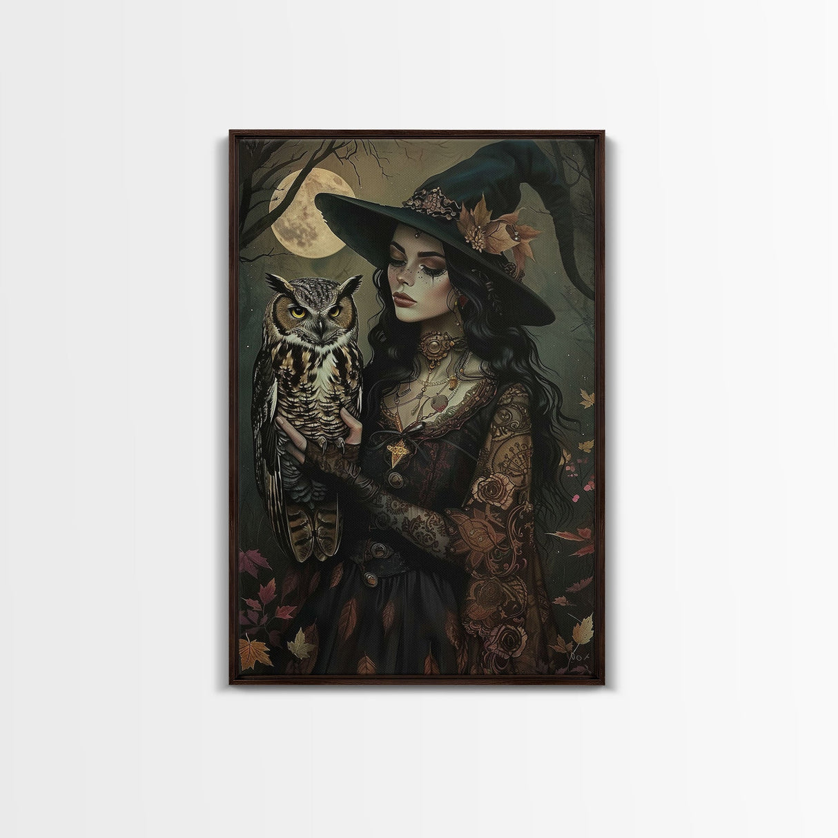 Mysterious Witch with Owl Companion - Moonlit Enchantment, Mystical Beauty Framed Canvas Print, Halloween Wall Art