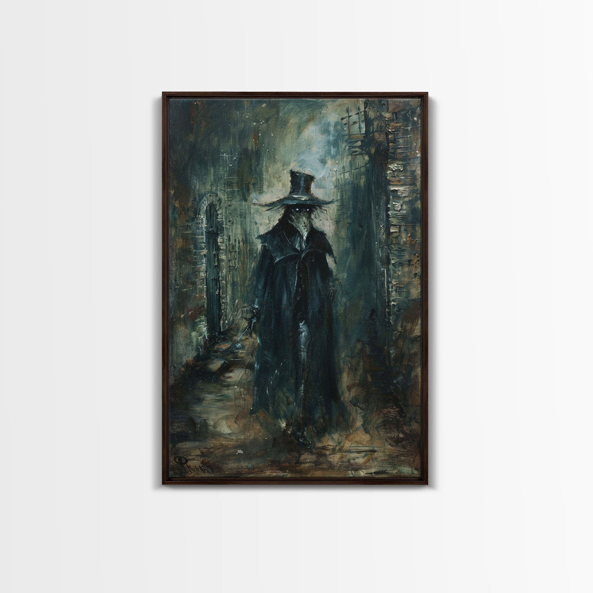 Ghostly Figure in Victorian Attire - Eerie Night Stalker Gothic Art Framed Canvas Print, Halloween Haunted House Decor