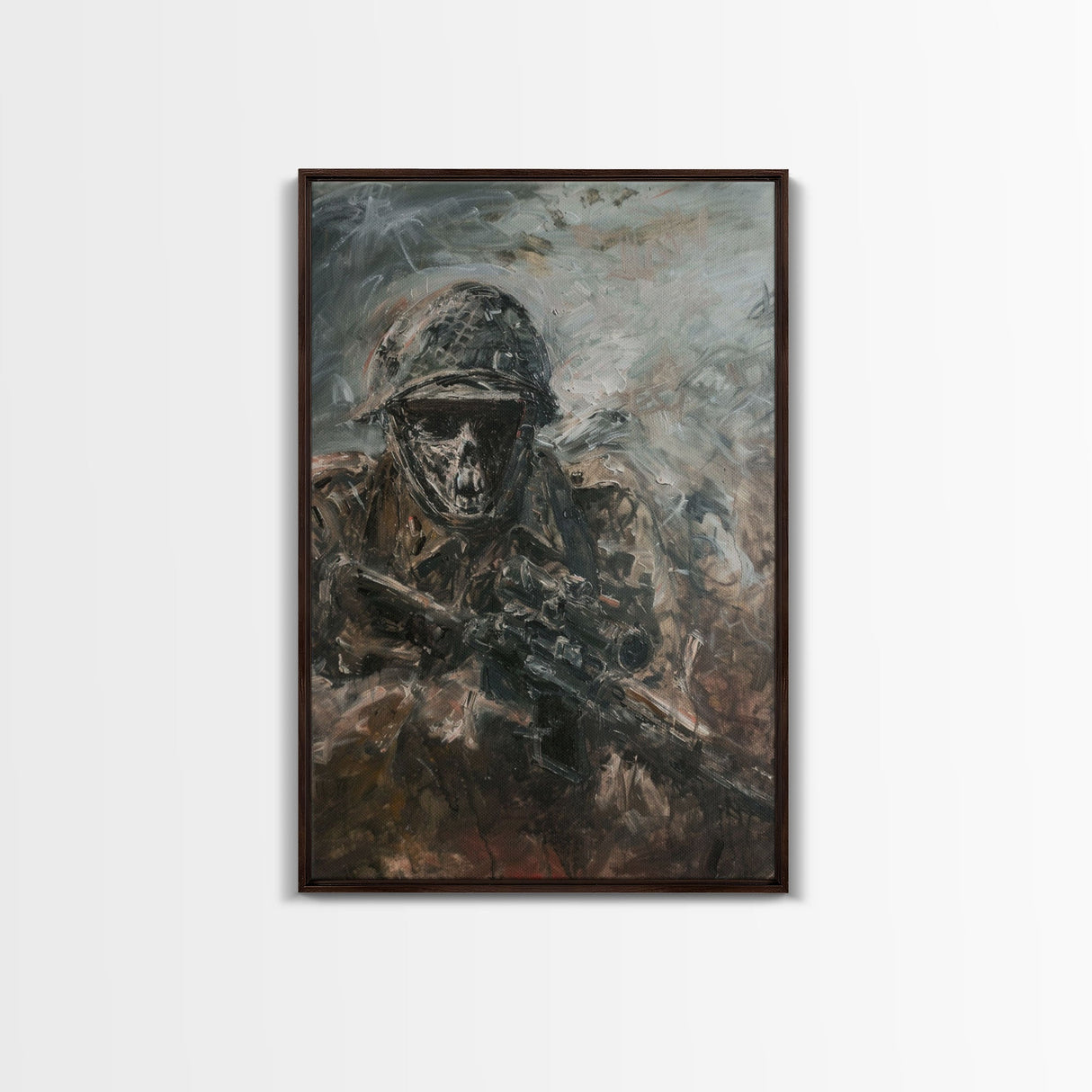 Skeletal Soldier in Battle - Haunting War Scene Gothic Art Framed Canvas Print, Spooky Halloween Decor