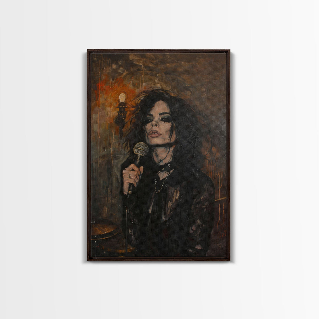 Gothic Singer with Dark Makeup - Halloween Art, Gothic Art, Spooky Decor Haunted Concert Dark Music Art, Eerie Portrait, Framed Canvas Print