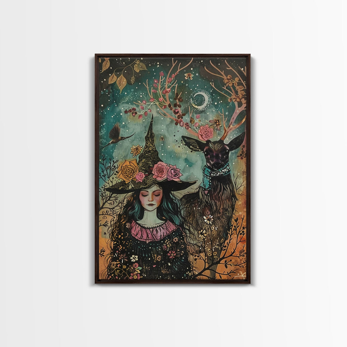 Elegant Witch with Tortoise - Halloween Art, Gothic Art, Spooky Decor, Dark Nature Art, Haunting Portrait, Framed Canvas Print
