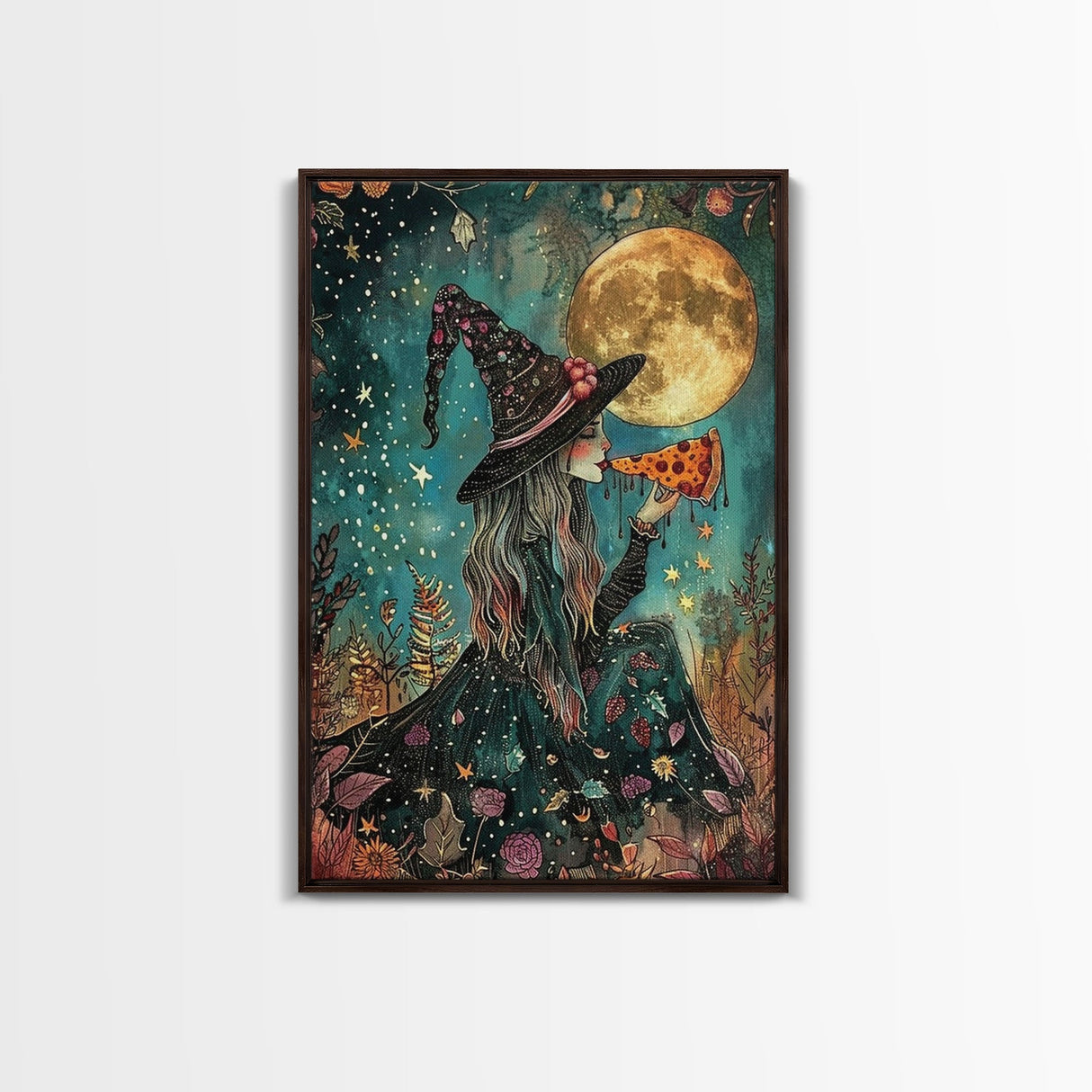 Spring Witch and Her Slice Of Pizza, Framed Canvas Print, Cute / Funny Halloween Art