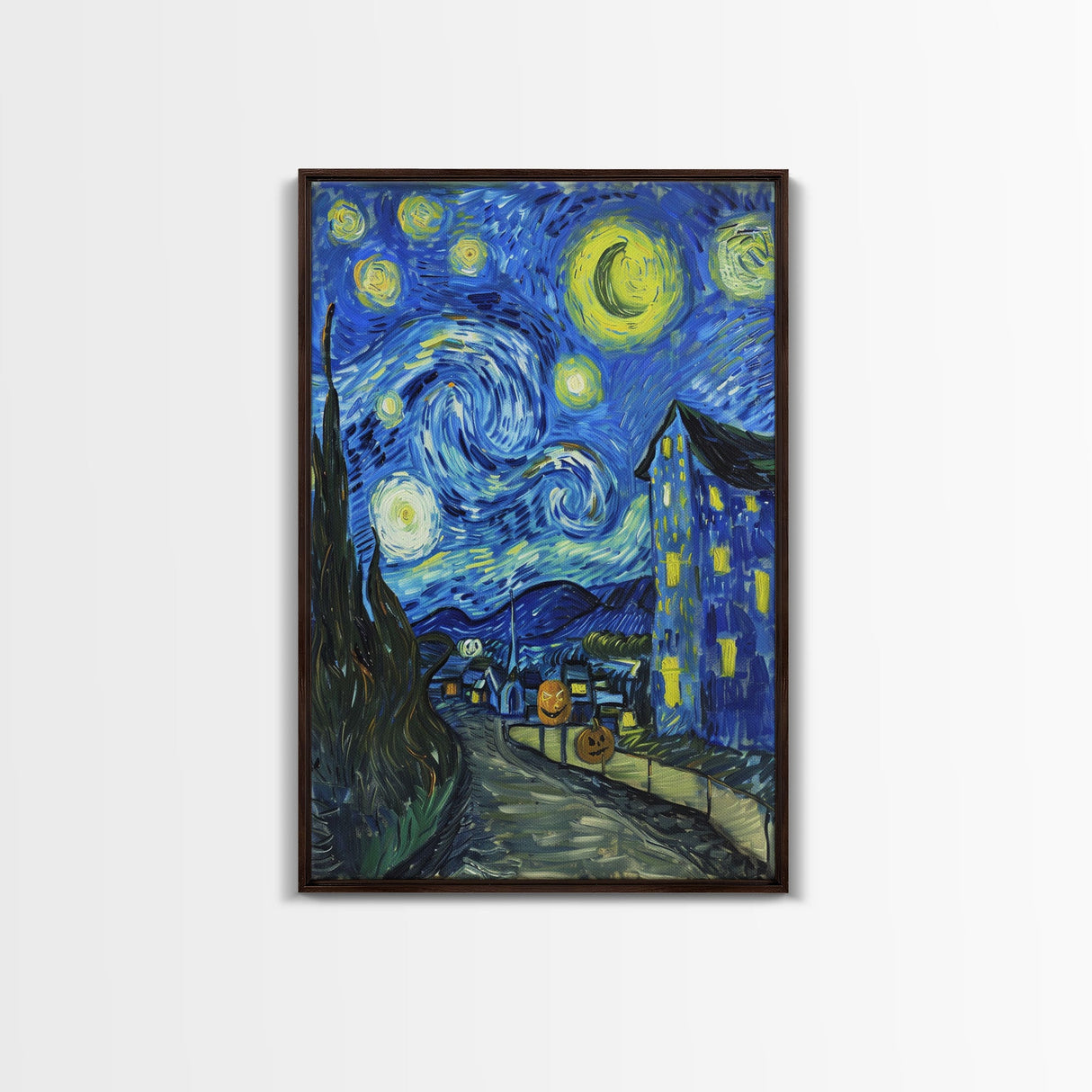 Starry Night Inspired Haunted Halloween Village Framed Canvas Print, Van Gogh Inspired, Spooky Season Halloween Art