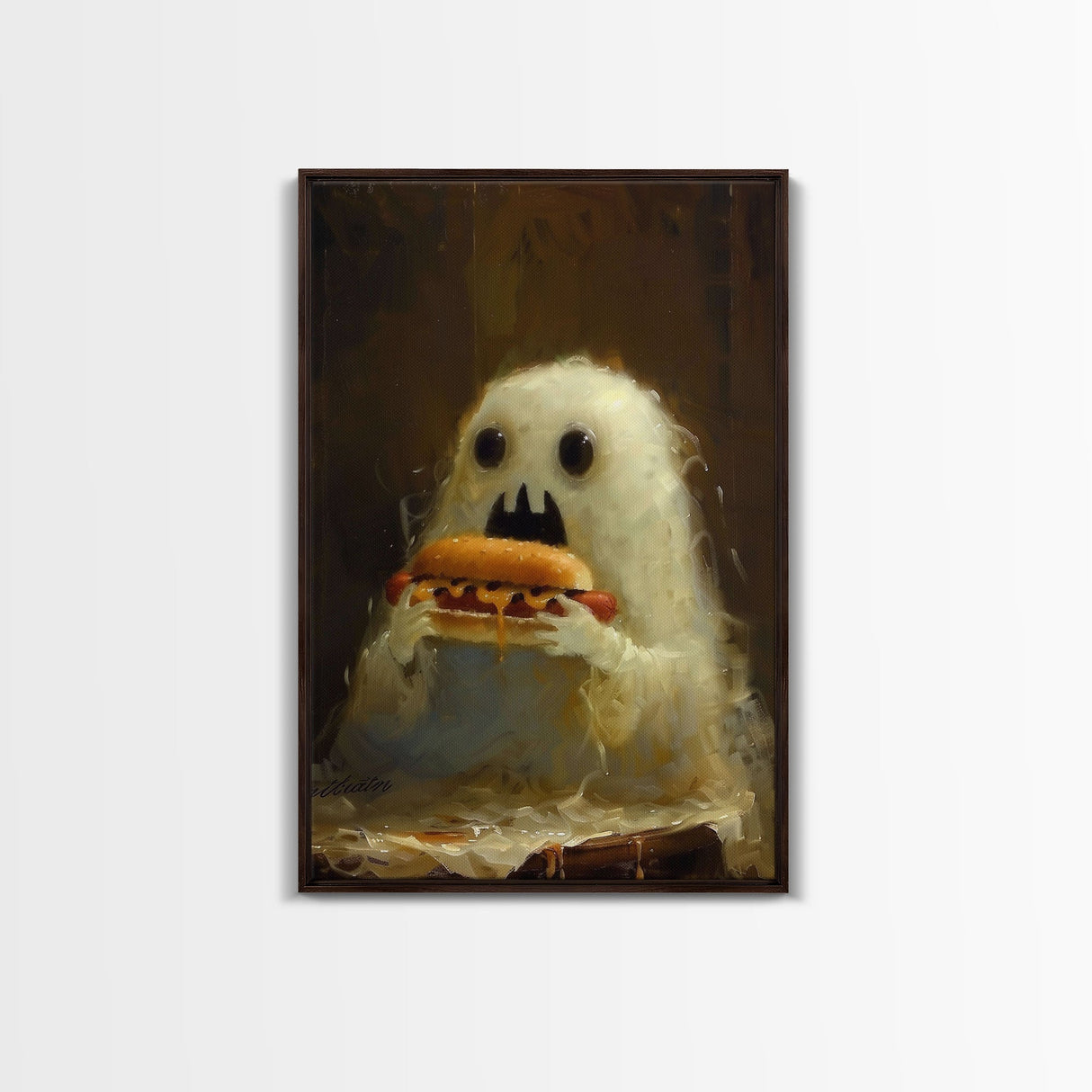 Cute Ghost Chompin on A Hot Dog, Ghostly Hot Dog Thief, Framed Canvas Print, Funny Halloween Spooky Season Art