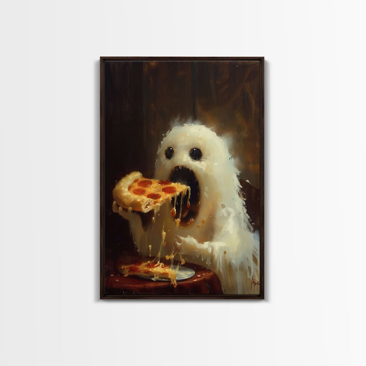 Cute Ghost Chompin on A Pizza, Ghostly Pizza Pirate, Framed Canvas Print, Funny Halloween Spooky Season Art