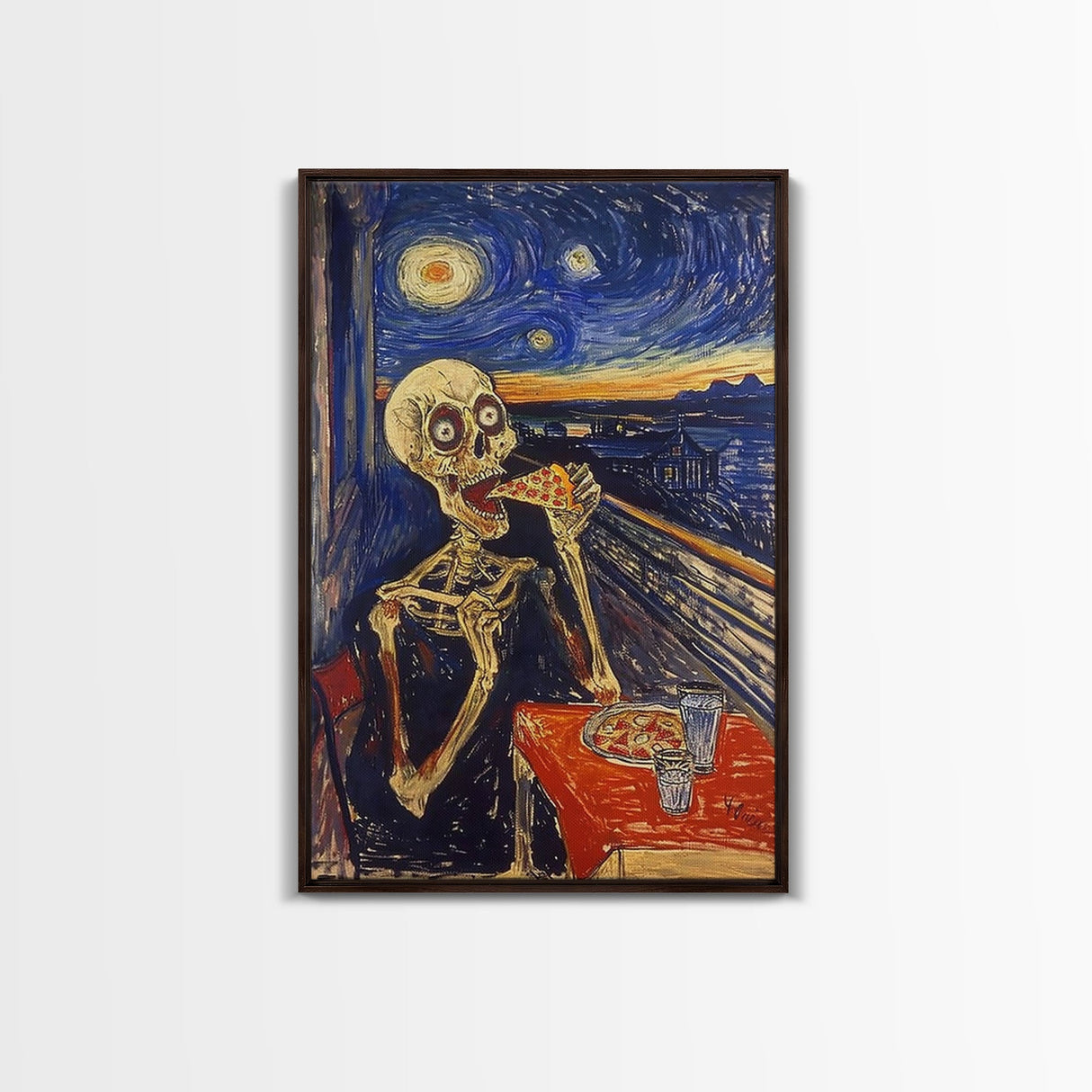 Spooky Skeleton Dude Eatin' a Pizza, Starry Night Inspired Funny Halloween Art, Framed Canvas Print