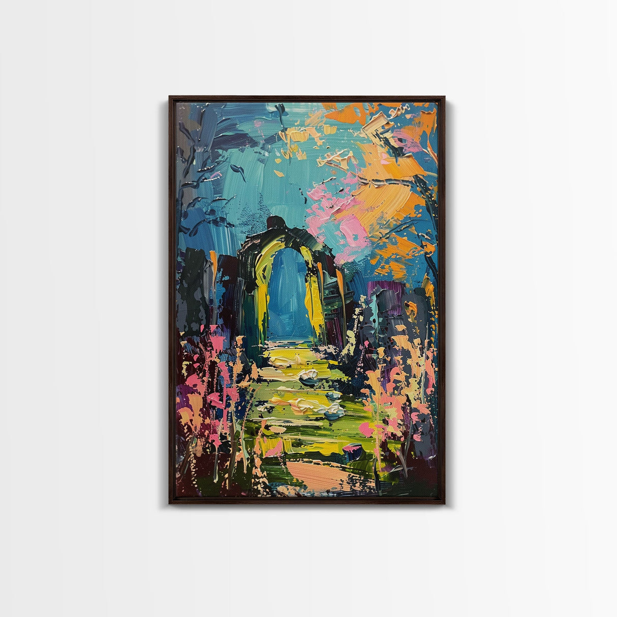 Enchanted Path Framed Canvas Print, Halloween Art, Spooky Garden, Haunted Walkway, Fall Decor Gothic Decor, Ghostly Archway, Eerie Landscape