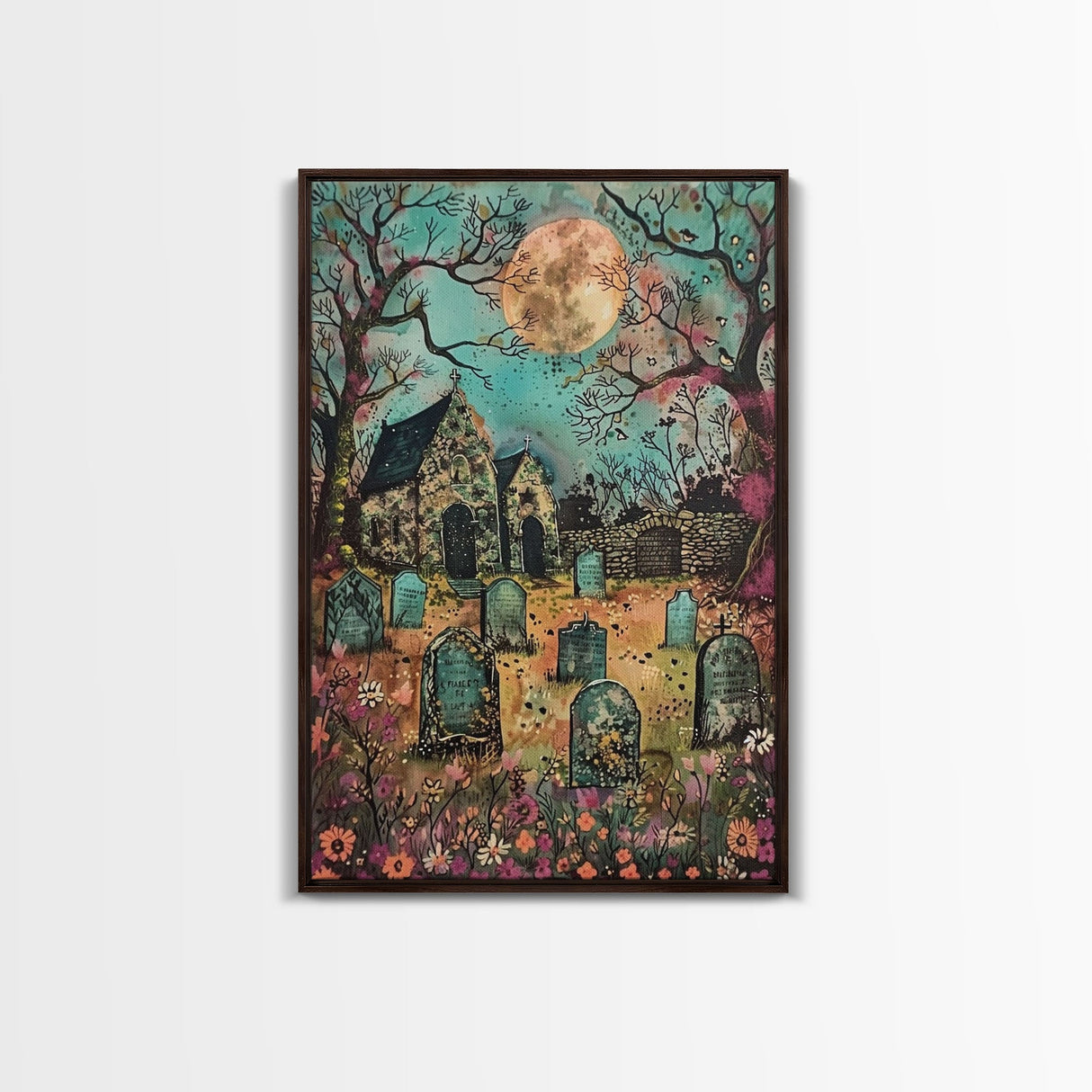 Haunted Churchyard Framed Canvas Print, Halloween Art, Gothic Cemetery, Spooky Church, Haunted Scene, Eerie Moonlight, Halloween Decor