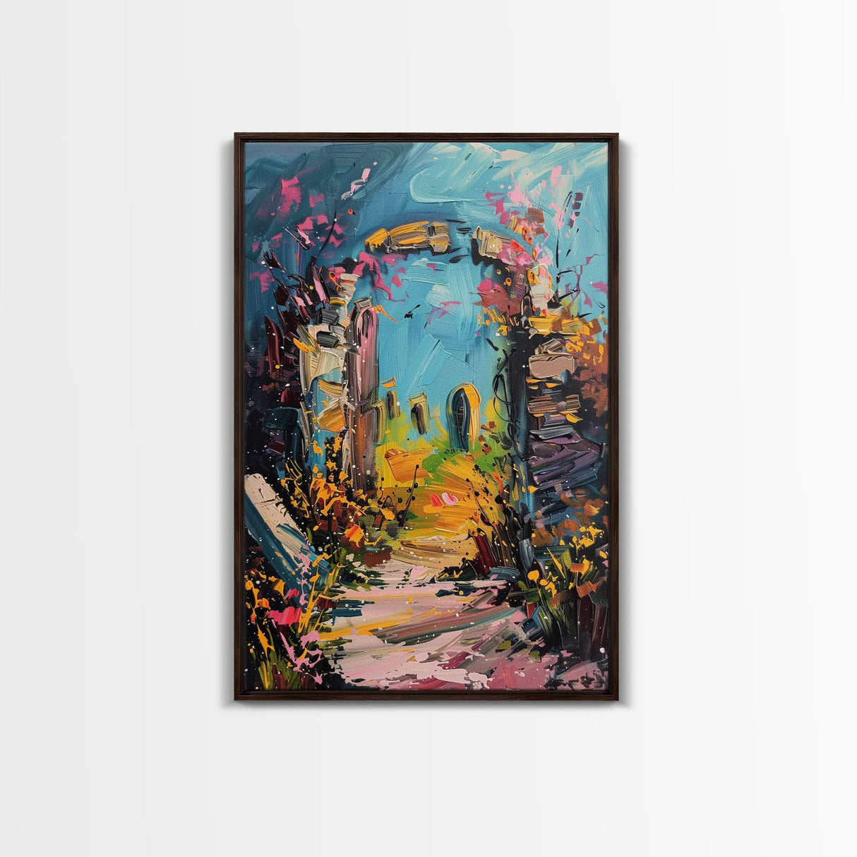 Ruined Archway Framed Canvas Print, Halloween Art, Haunted Garden, Spooky Ruins, Eerie Pathway, Fall Decor, Gothic Wall Art, Haunted Decor