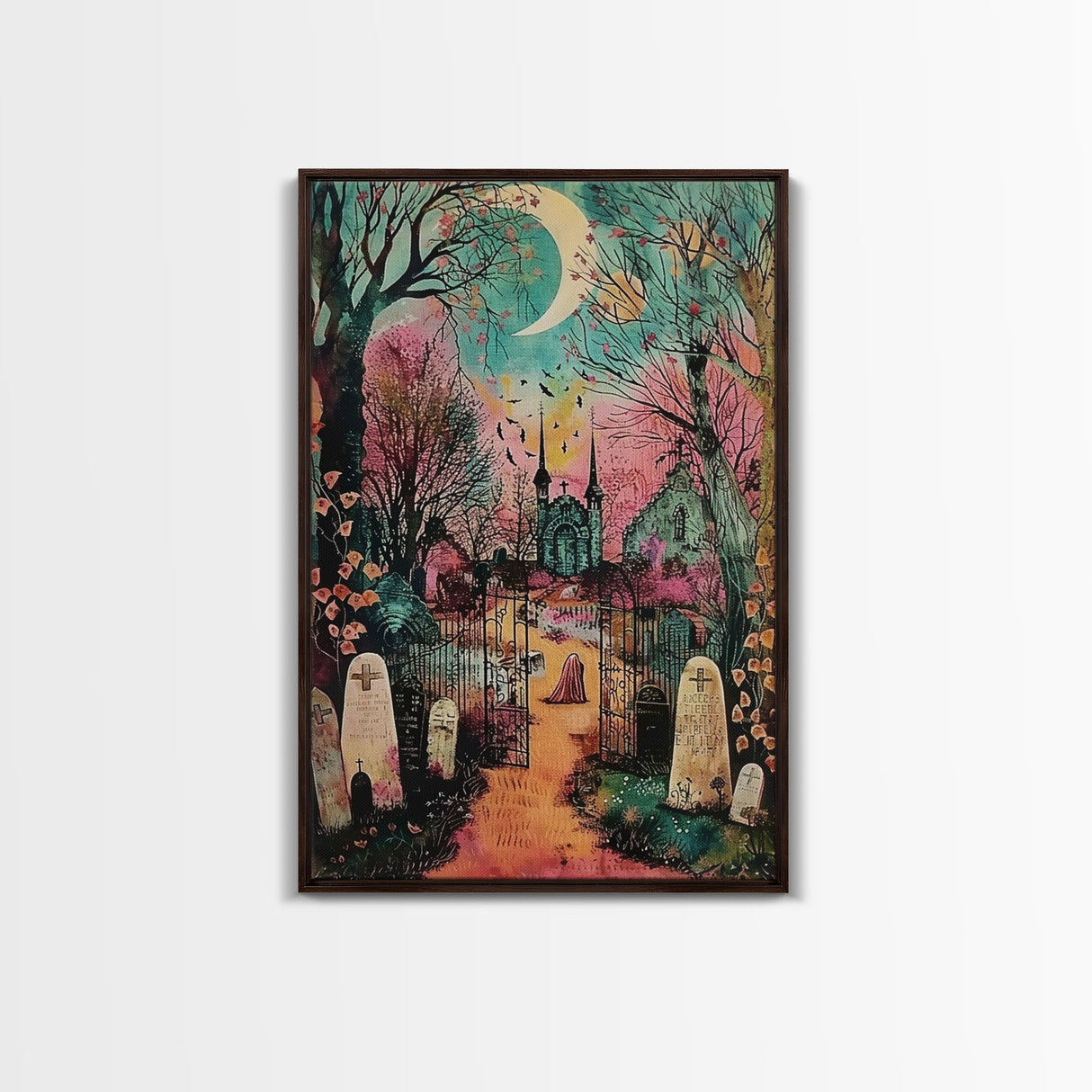 Creepy Moonlit Trees Framed Canvas Print, Haunted Forest Art, Halloween Night Scene, Eerie Woods Decor, Spooky Artwork, Framed Canvas Print