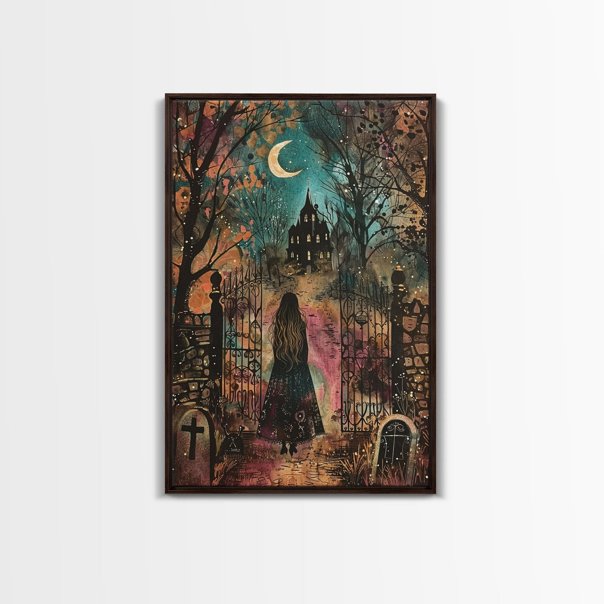 Gothic Mansion in the Forest Framed Canvas Print, Spooky Haunted House Art, Halloween, Eerie Decor, Haunted Artwork, Framed Canvas Print