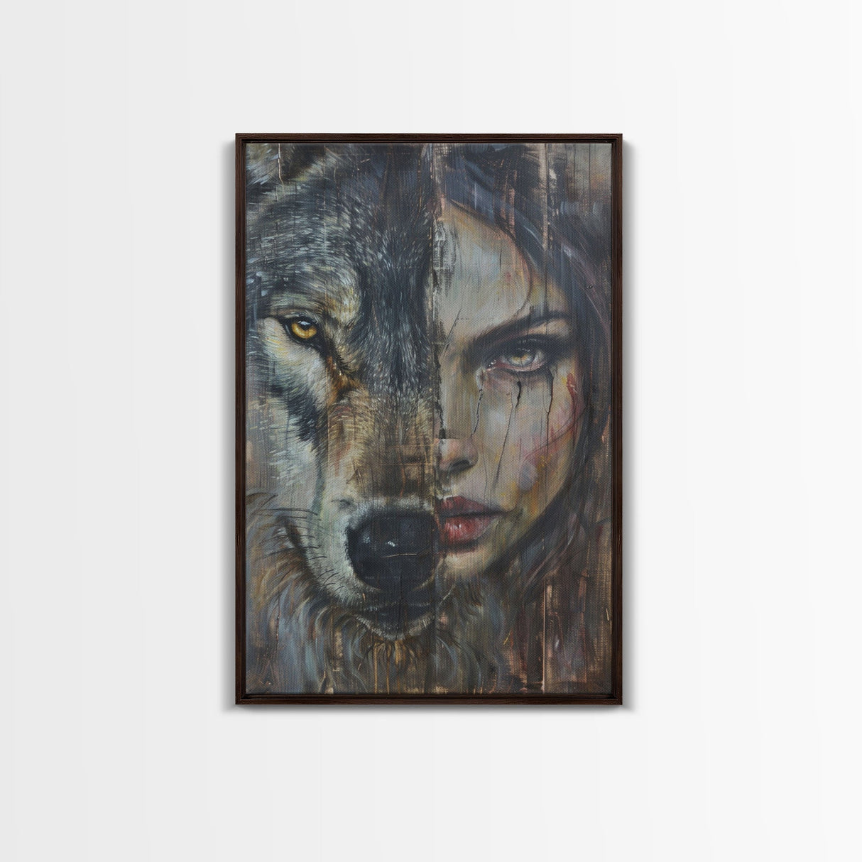 Half Witch Half Wolf, Double Exposure, Unique Halloween Art Framed Canvas Print, Halloween Products, Spooky Witch Poster Art