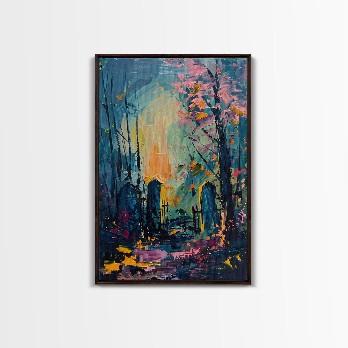 Haunted Forest Graveyard Framed Canvas Print, Spooky Cemetery Art, Halloween, Eerie Graveyard Decor, Gothic Artwork, Framed Canvas Print