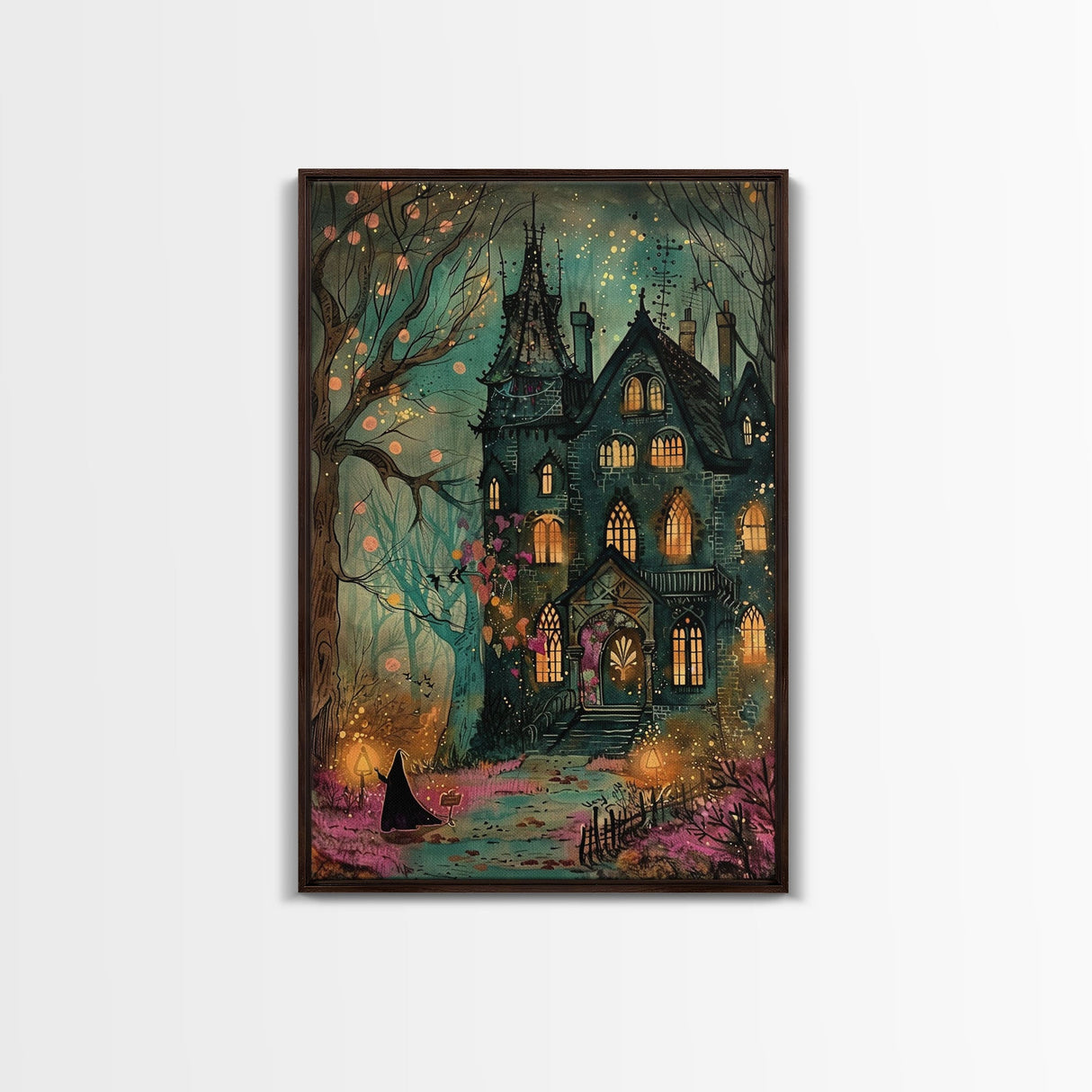 Haunted Mansion On Halloween, Framed Canvas Print, Spooky Vibes Wall Art