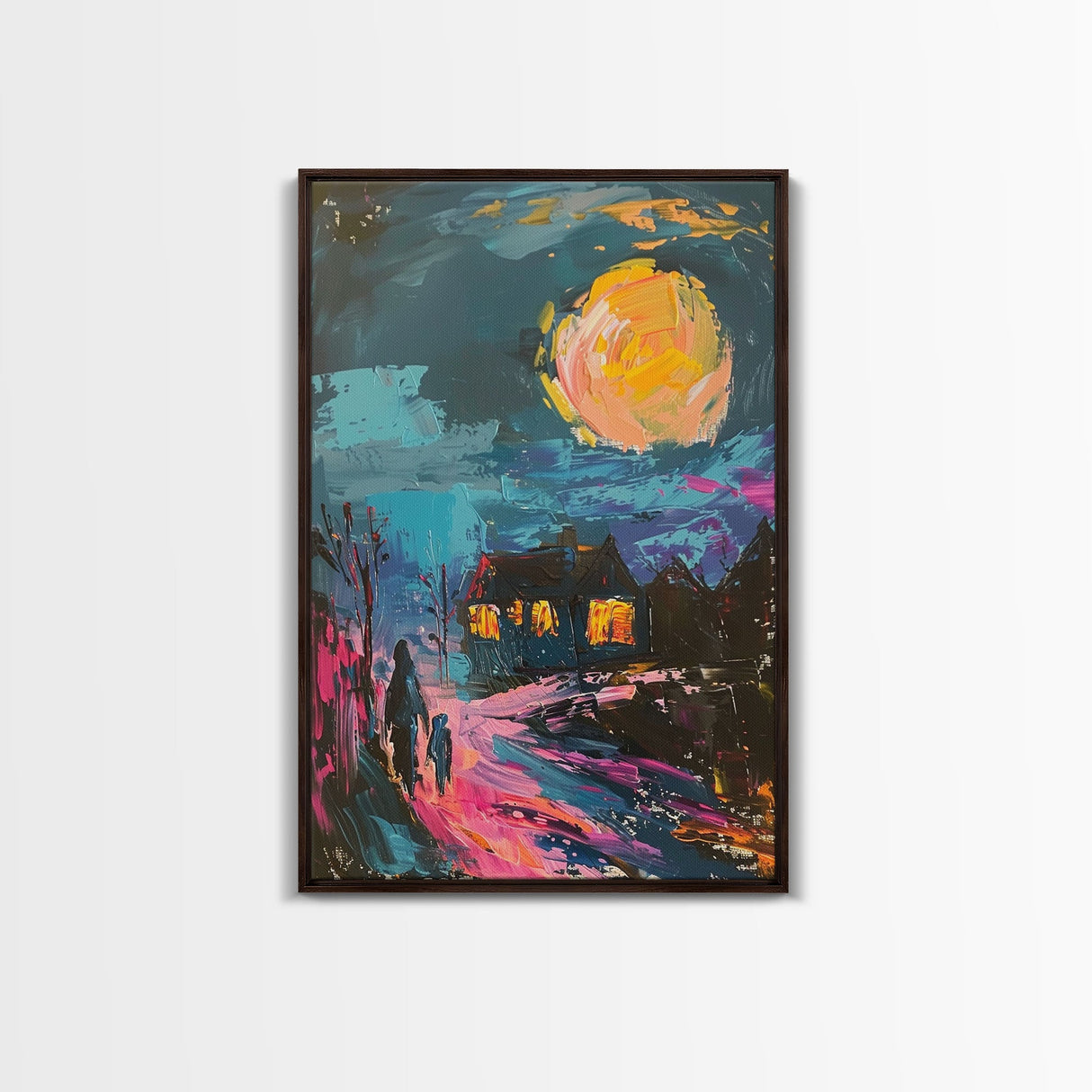 Spooky Village Framed Canvas Print, Halloween Wall Art, Haunted House Art, Gothic Night Decor, Spooky Moonlight, Halloween Home Decor