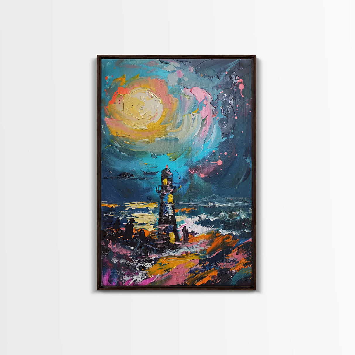 Moonlit Lighthouse Framed Canvas Print, Halloween Wall Art, Haunted Lighthouse Art, Spooky Night Decor Ocean Horror Art Halloween Home Decor