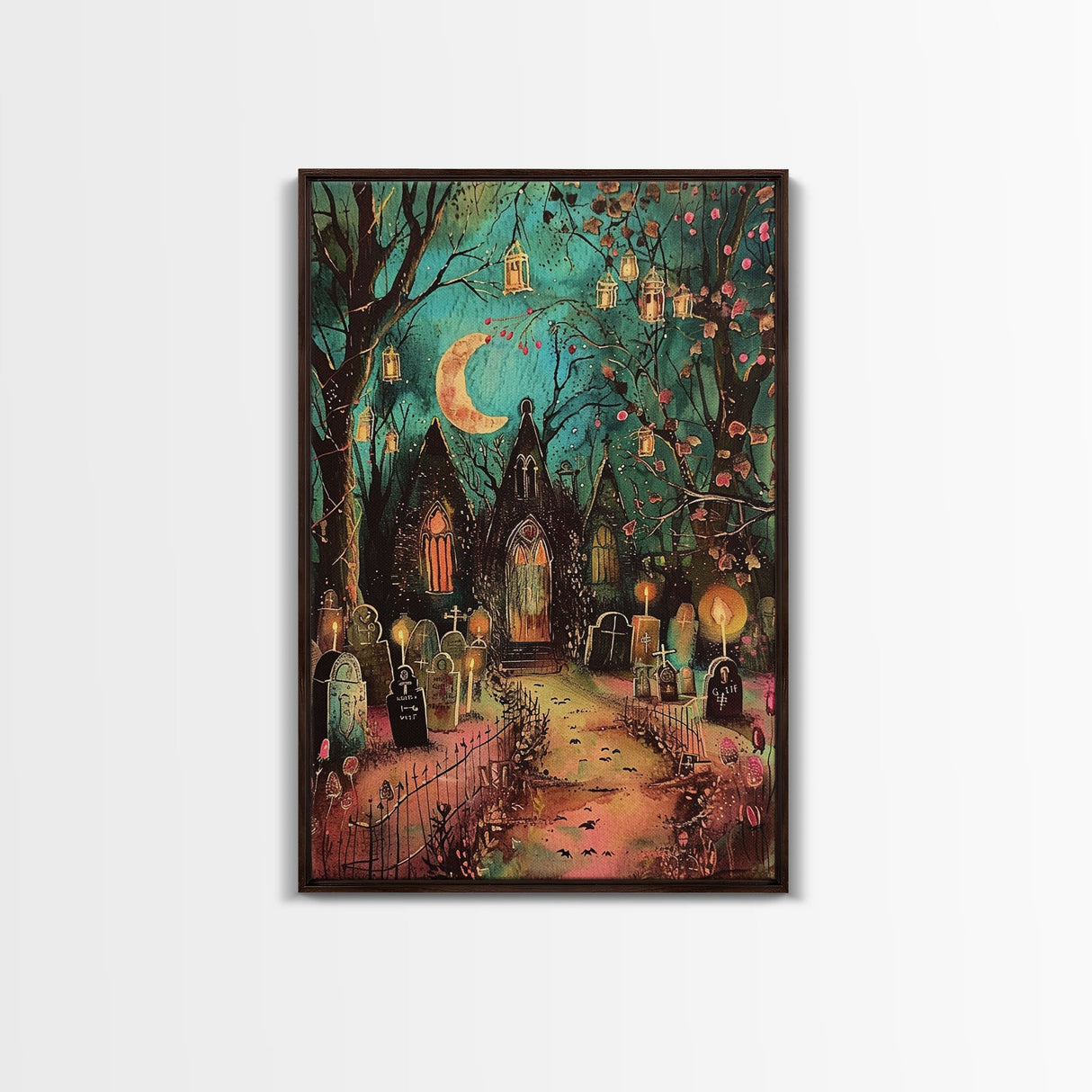 Gothic Churchyard with Moon and Lanterns Framed Canvas Print, Wall Art, Spooky Home Decor, Halloween Cemetery, Gothic Art, Haunted Graveyard