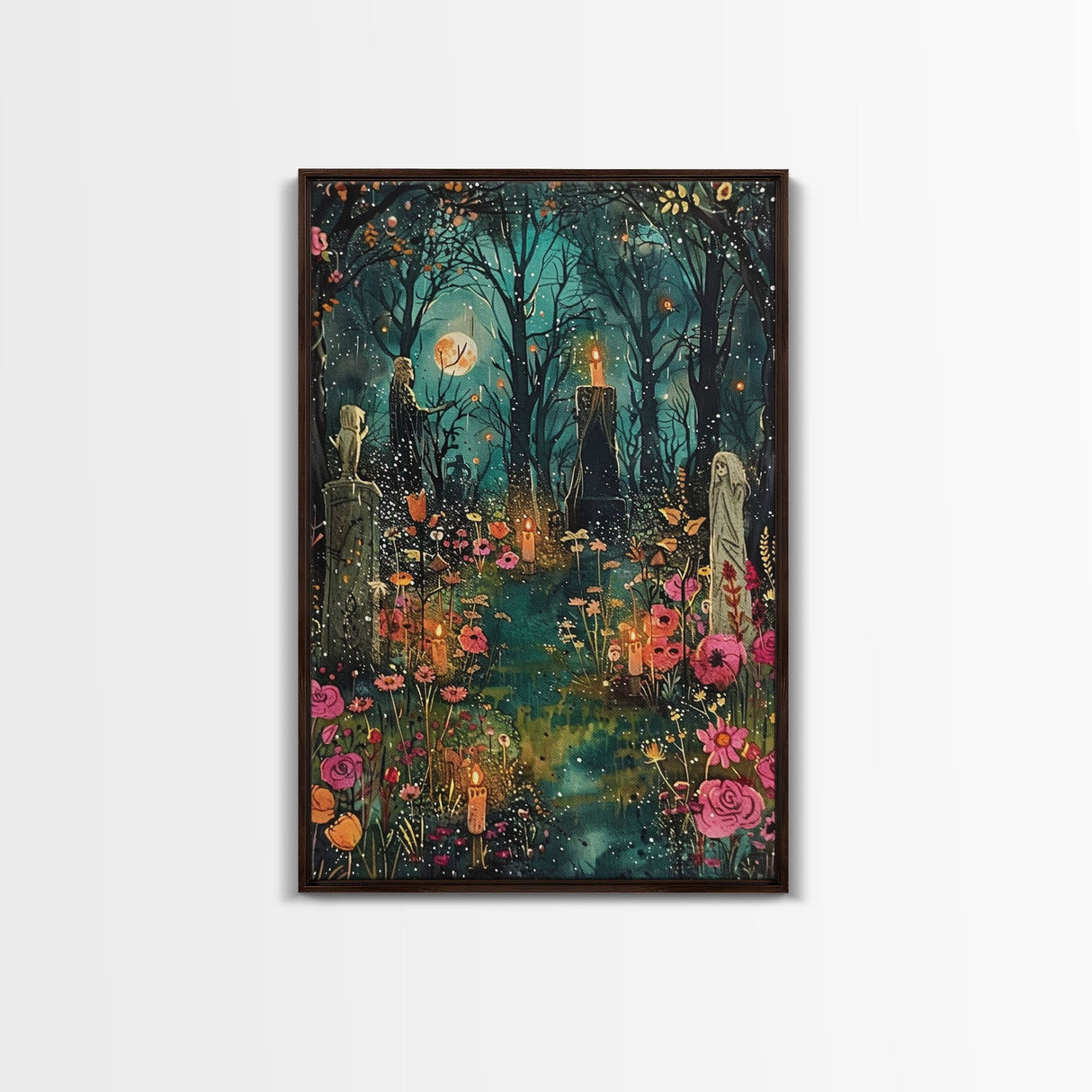 Haunted Graveyard with Flowers Framed Canvas Print, Wall Art, Halloween Cemetery Art, Spooky Home Decor, Ghostly Garden Painting