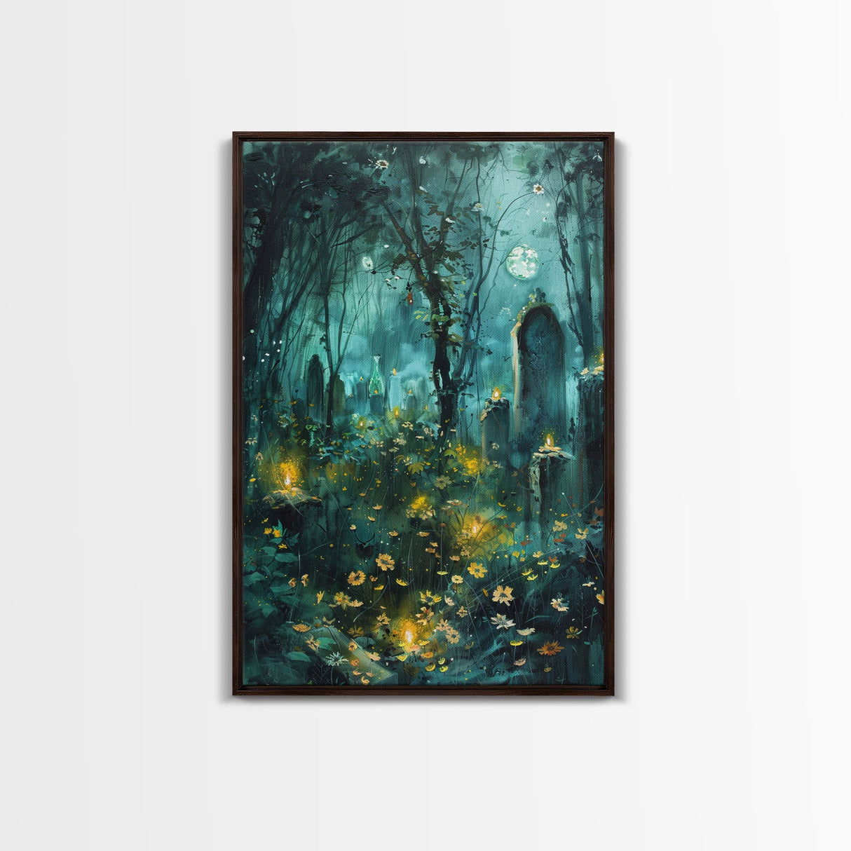 Haunted Forest Cemetery Framed Canvas Print, Wall Art, Spooky Graveyard Art, Eerie Home Decor Halloween Forest Painting Halloween Decoration