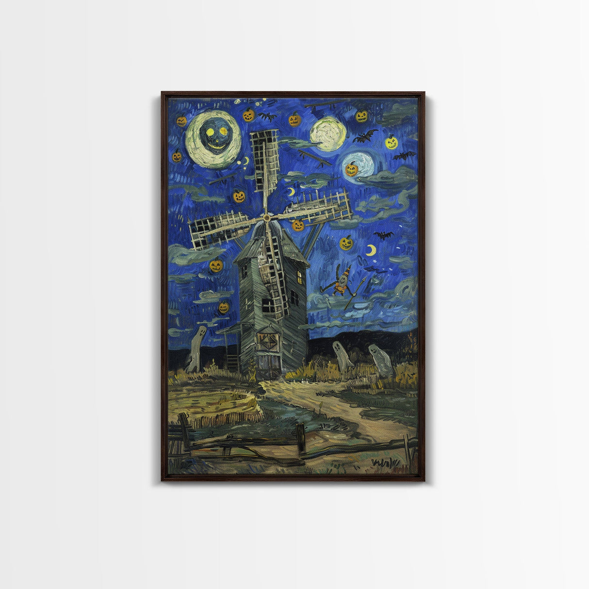 Haunted Railway Station with Pumpkins Framed Canvas Print, Wall Art, Spooky Home Decor, Halloween Train Station Art, Eerie Painting