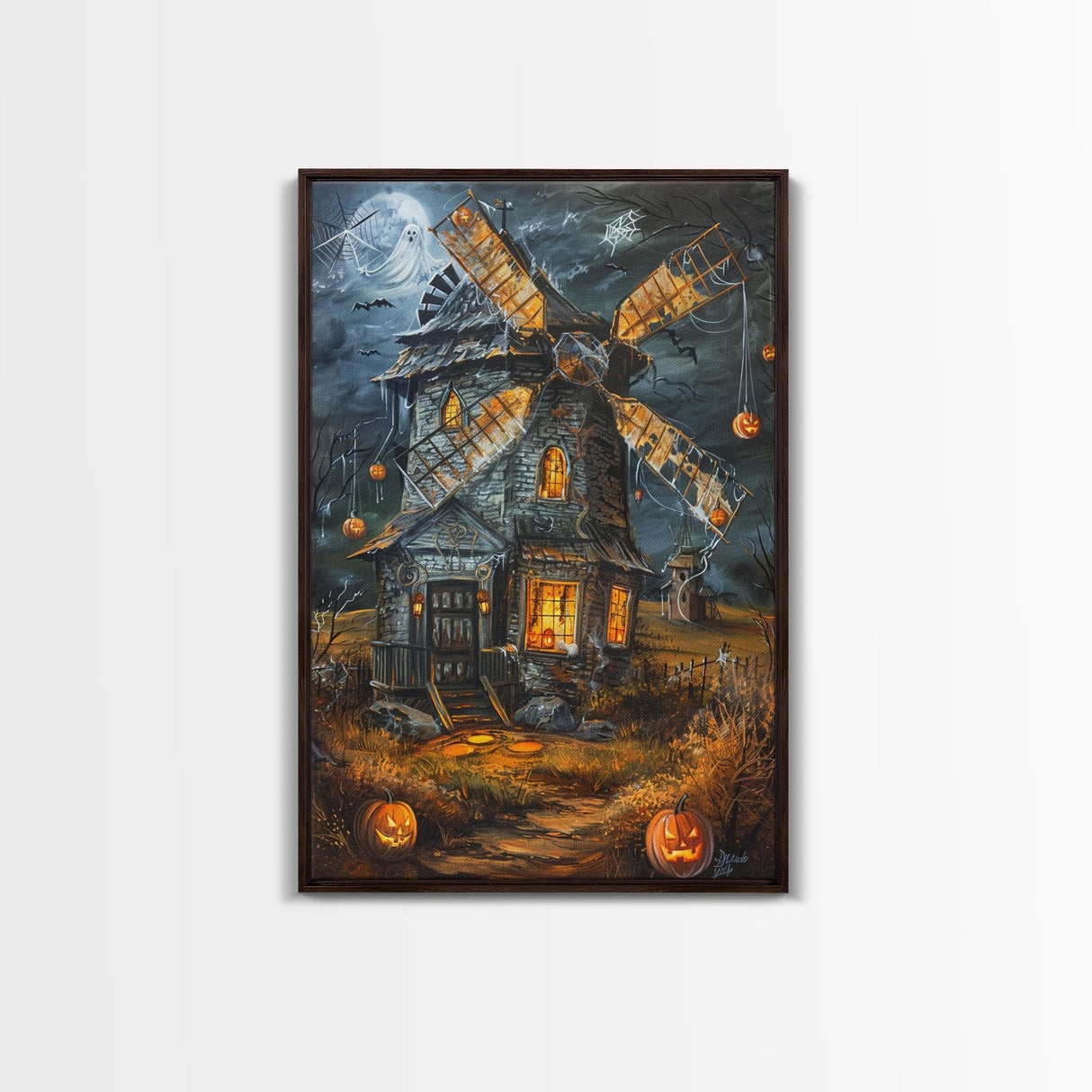 Spooky Windmill with Pumpkins Framed Canvas Print, Wall Art, Halloween Home Decor, Haunted Windmill Painting, Eerie Artwork, Halloween