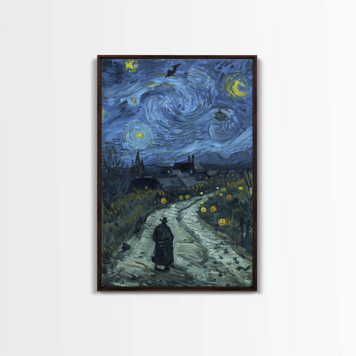 Haunted Road with Jack-O-Lanterns Framed Canvas Print, Halloween Wall Art, Starry Night Inspired, Home Decor, Spooky Art, Living Room Decor