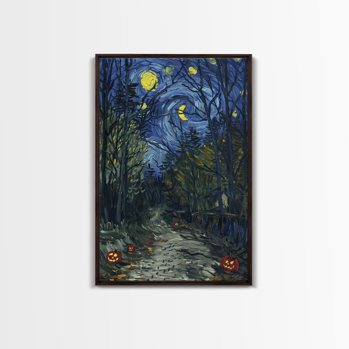 Dark Forest Path with Pumpkins Framed Canvas Print, Halloween Wall Art, Starry Night Inspired, Home Decor, Spooky Art, Living Room Decor