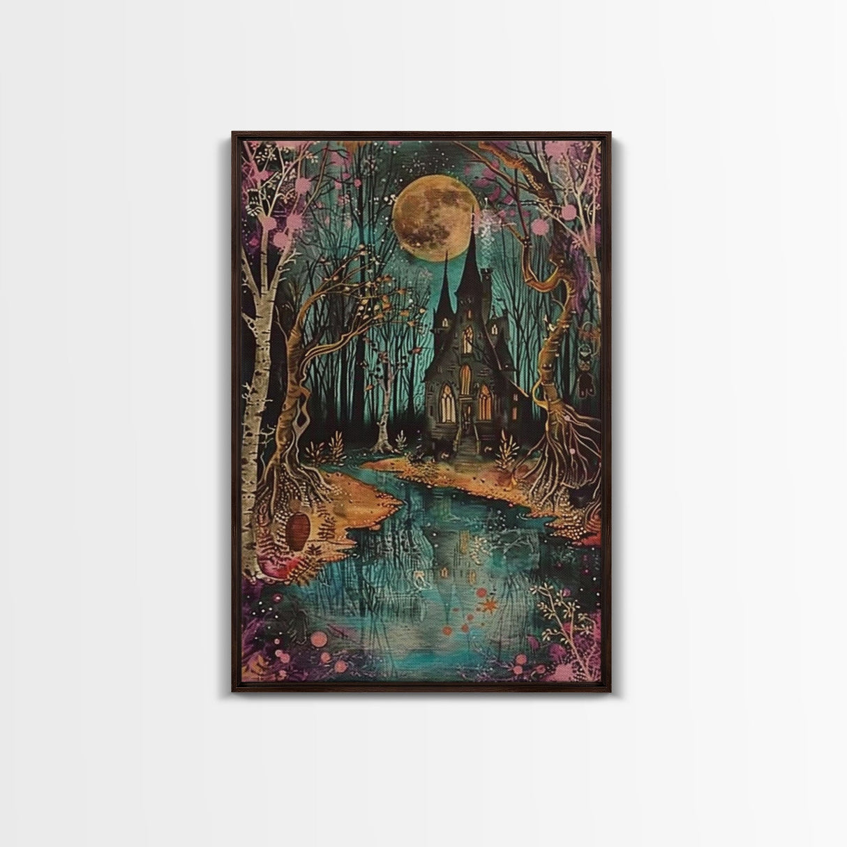 Haunted Castle by the Lake Framed Canvas Print, Halloween Wall Art, Spooky Art, Home Decor, Living Room Decor, Gothic Artwork, Creepy Castle