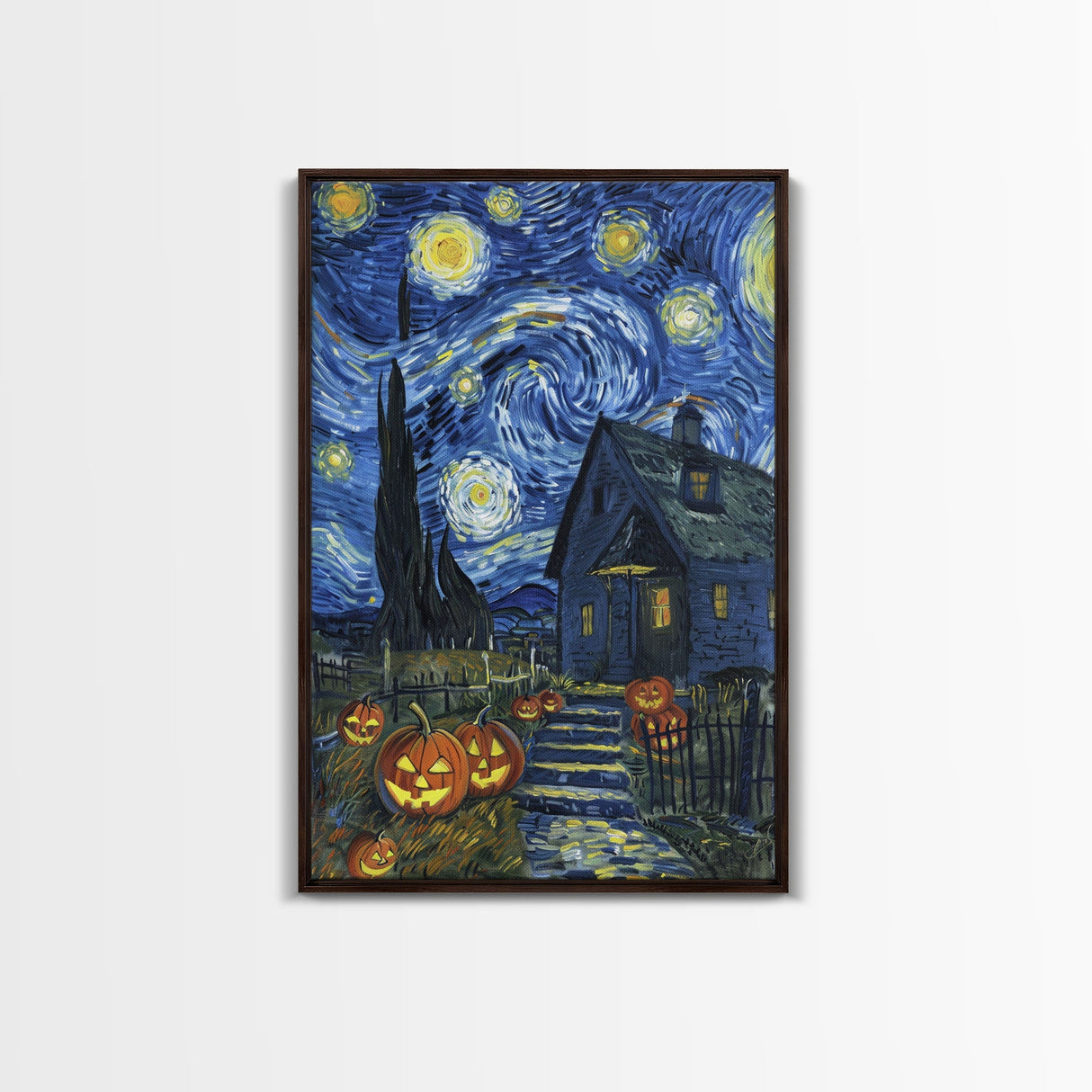Spooky Starry Night with Jack-O-Lanterns Framed Canvas Print, Halloween Wall Art, Starry Night Inspired, Home Decor, Spooky Art, Living Room