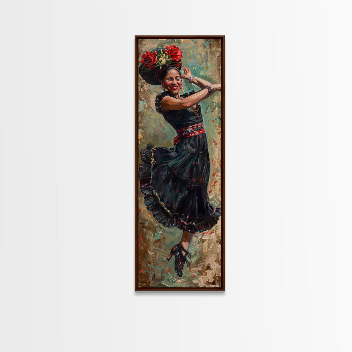 Mexican Inspired Textured Canvas Art of Flamenco Dancer, Spanish Oil Painting, Oversized Vintage Canvas Art Print, Tall and Narrow Art