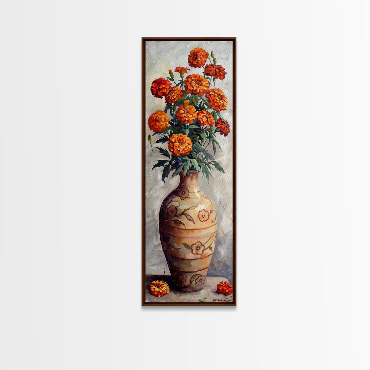 Orange Marigolds in Vase Painted on Textured Canvas, Tall and Narrow Framed Art, Botanical Art Print for Kitchen, Gallery Art, Moody Art