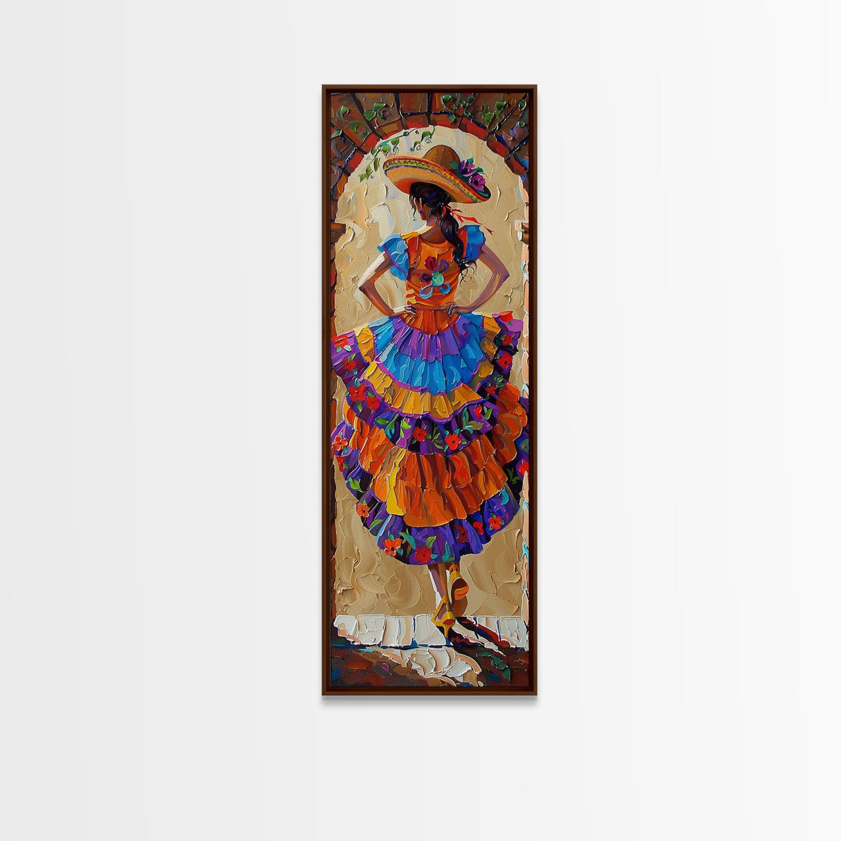 Jalisco Mexican Dancer Textured Oil Painting Printed and Framed on Canvas, Vertical Narrow Art Print, Mexican Inspired Home Decor