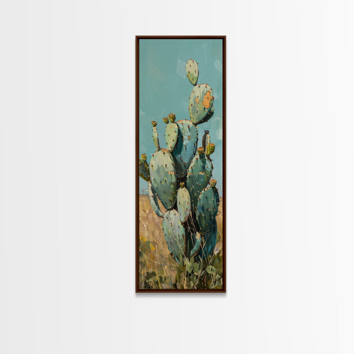 Botanical Desert Art Print of Cactus Framed on Canvas, Framed Western Art, Colorful Landscape Painting, Vertical Art for Living Room