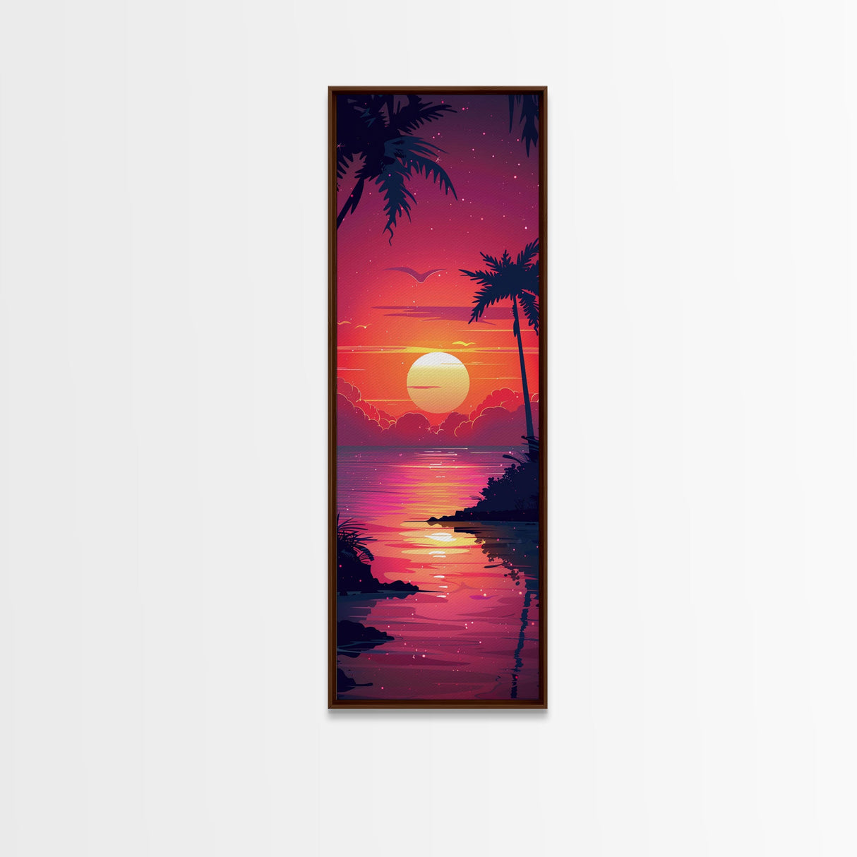 Retro Tropical Sunset Midcentury Modern Art - Framed Canvas Print, Boho Art, Skinny Art, Living Room Art, Bedroom Decor, Coastal Wall Art