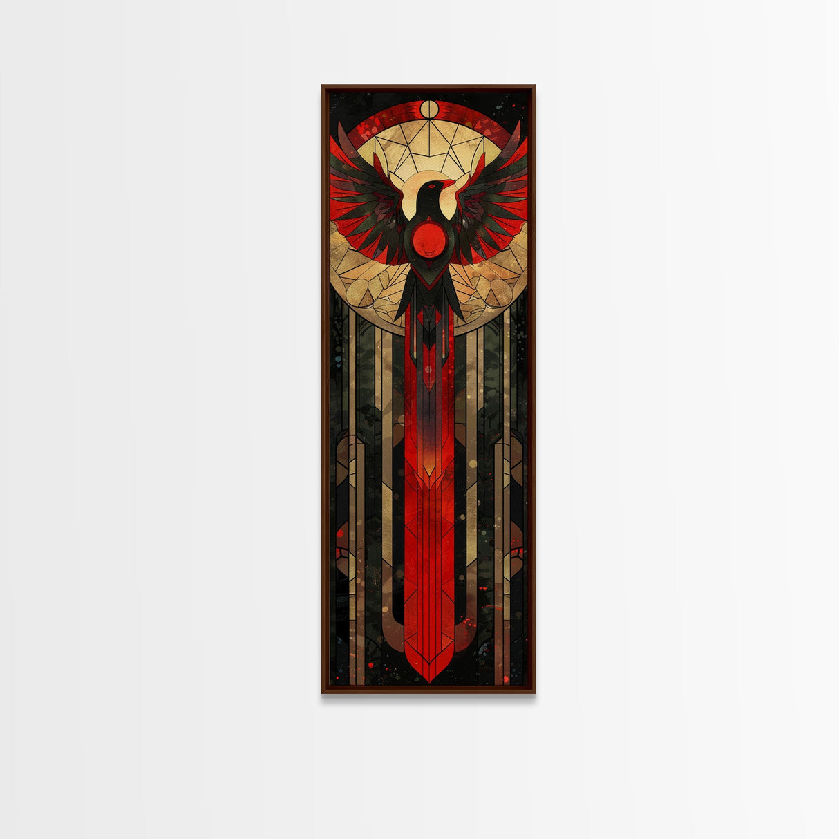 Red and Gold Phoenix Design on Geometric Background - Framed Canvas Print, Midcentury Modern Art, Skinny Art, Tall Art, Living Room Wall Decor, Boho Art