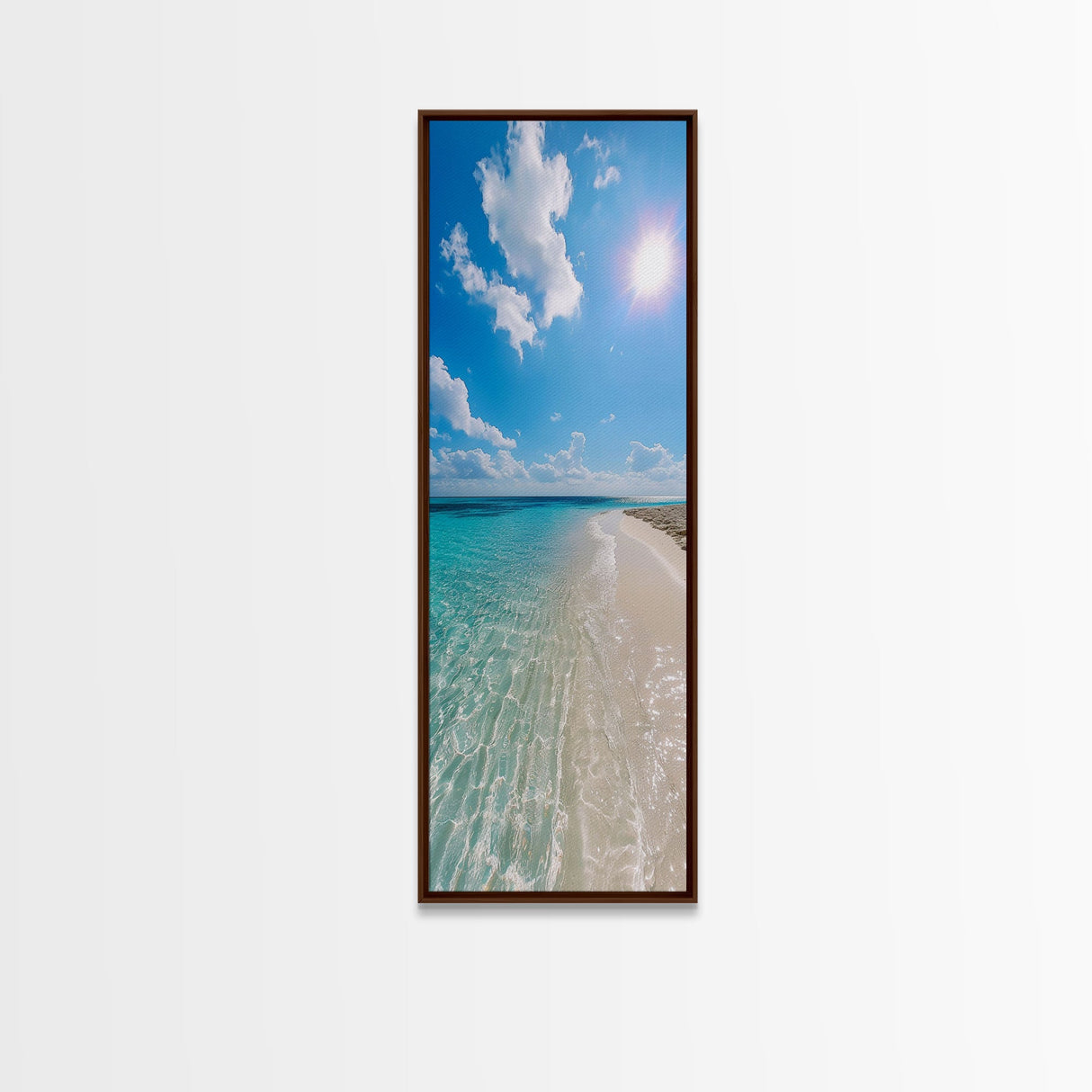 Serene Coastal Shoreline Landscape Painting in Blue and Orange Hues, Modern Framed Canvas Print, Ideal for Contemporary Wall Art Décor