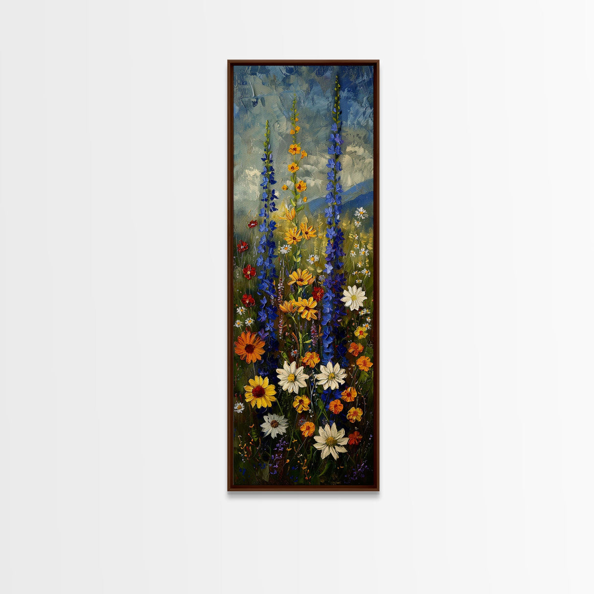 Lush Wildflowers in a Vibrant Meadow, Skinny and Tall Art, Colorful Floral Landscape, Framed Canvas Print, Nature Lovers