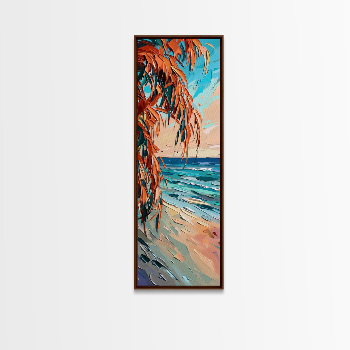 Expressive Coastal Shoreline Landscape in Blue and Orange, Abstract Painting on Framed Canvas Print, Perfect for Beach-Themed Wall Art