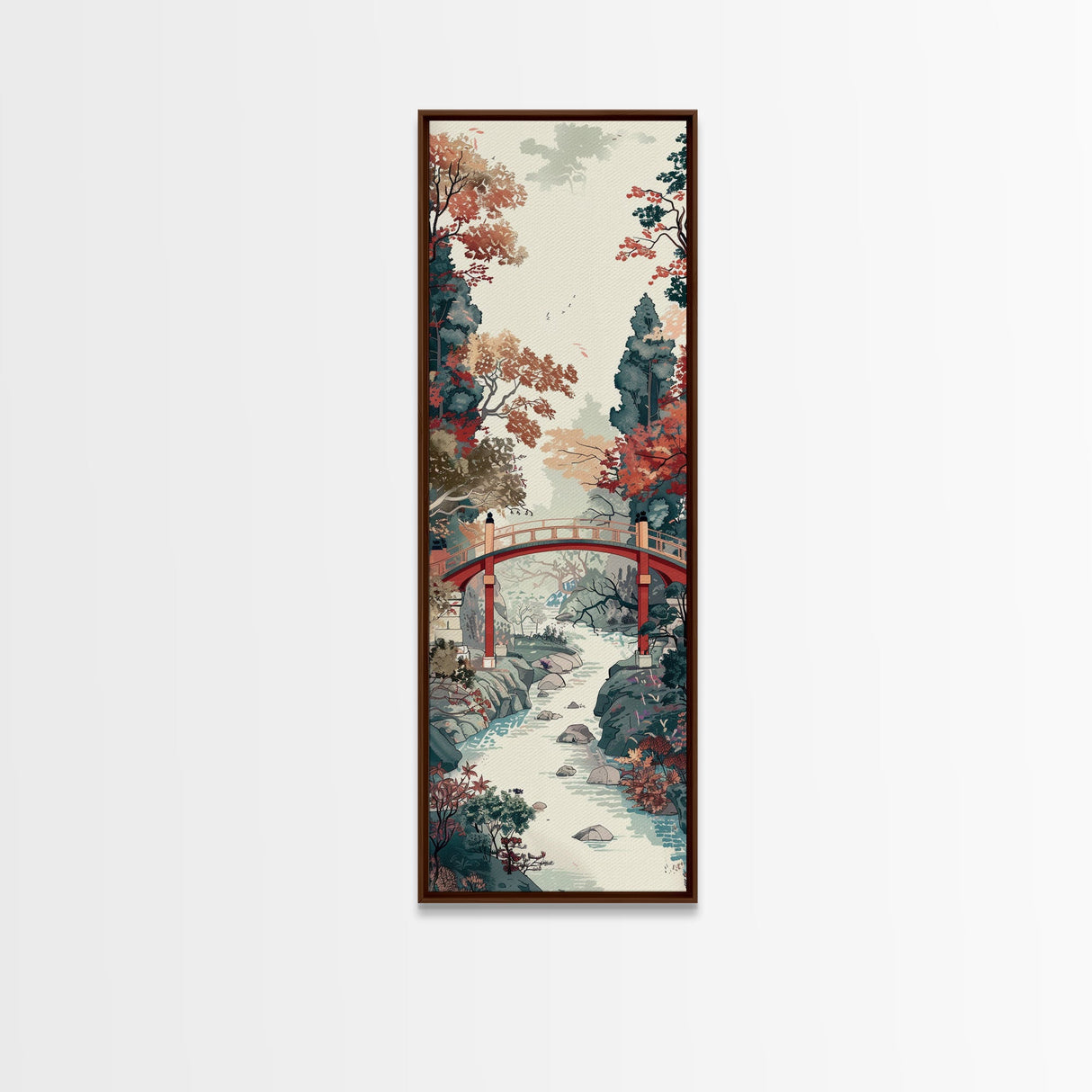 Traditional Japanese Skinny Art of Autumn Bridge in Serene Landscape with Fall Foliage – Framed Canvas Print